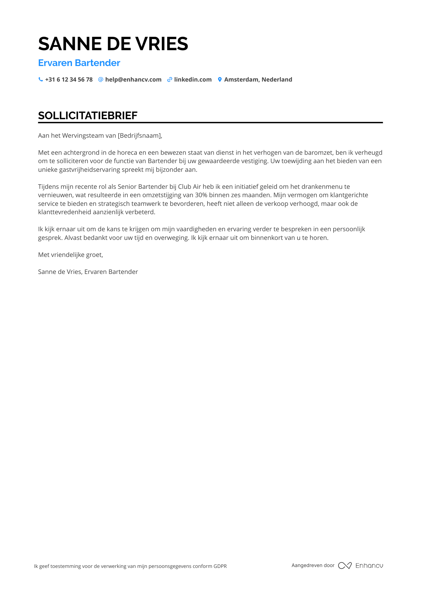 Sollicitatiebrief voor Nightclub Bartender Resume Example