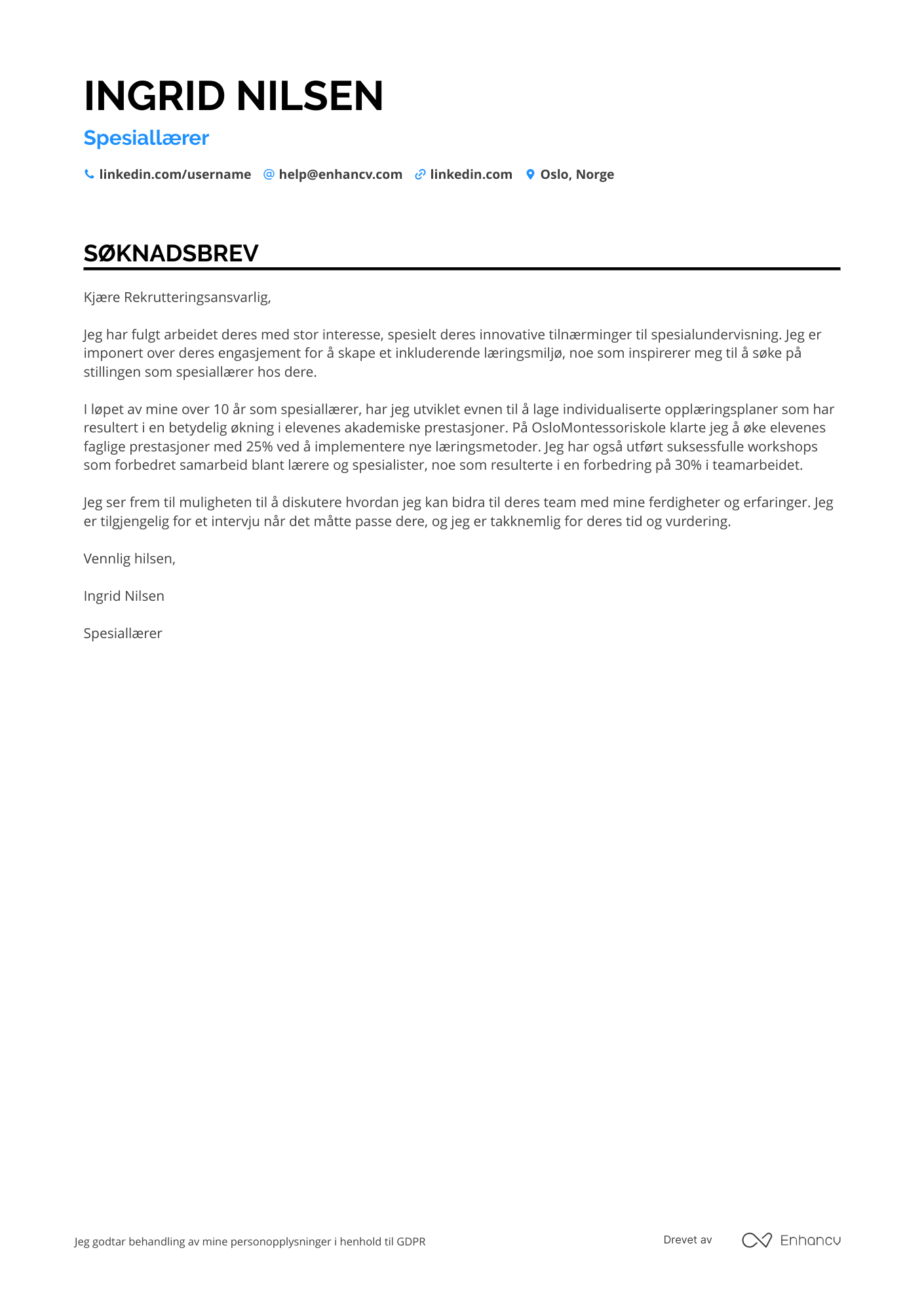 Søknadsbrev for Spesiallærer Resume Example