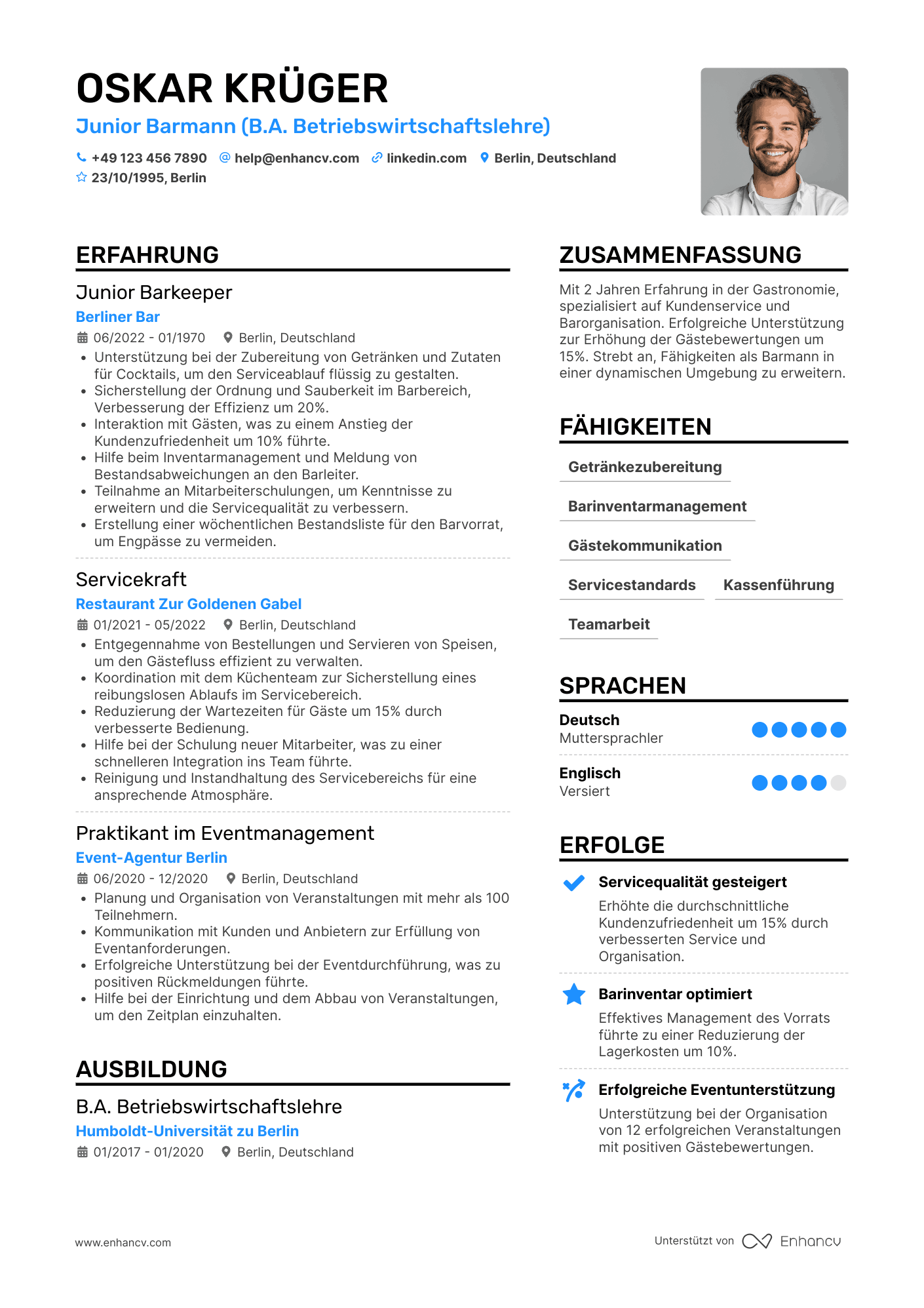 Lebenslauf als Junior Barmann Resume Example