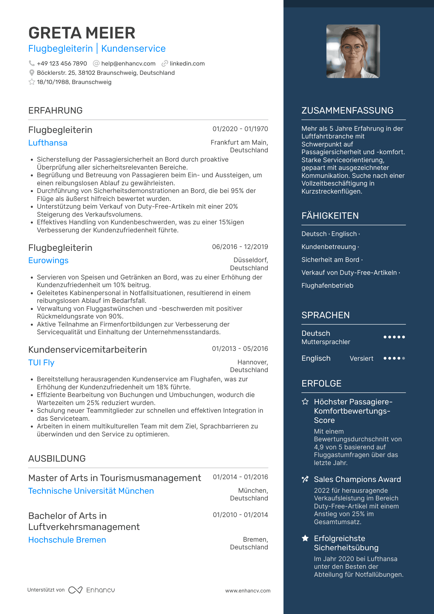 Lebenslauf als Flugbegleiter für Kurzstreckenflüge Resume Example