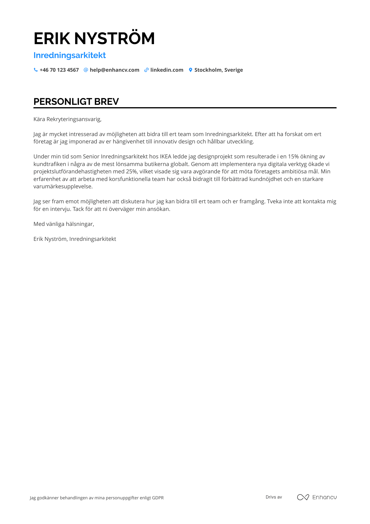 Personligt brev för Inredningsarkitekt Retail Design Resume Example