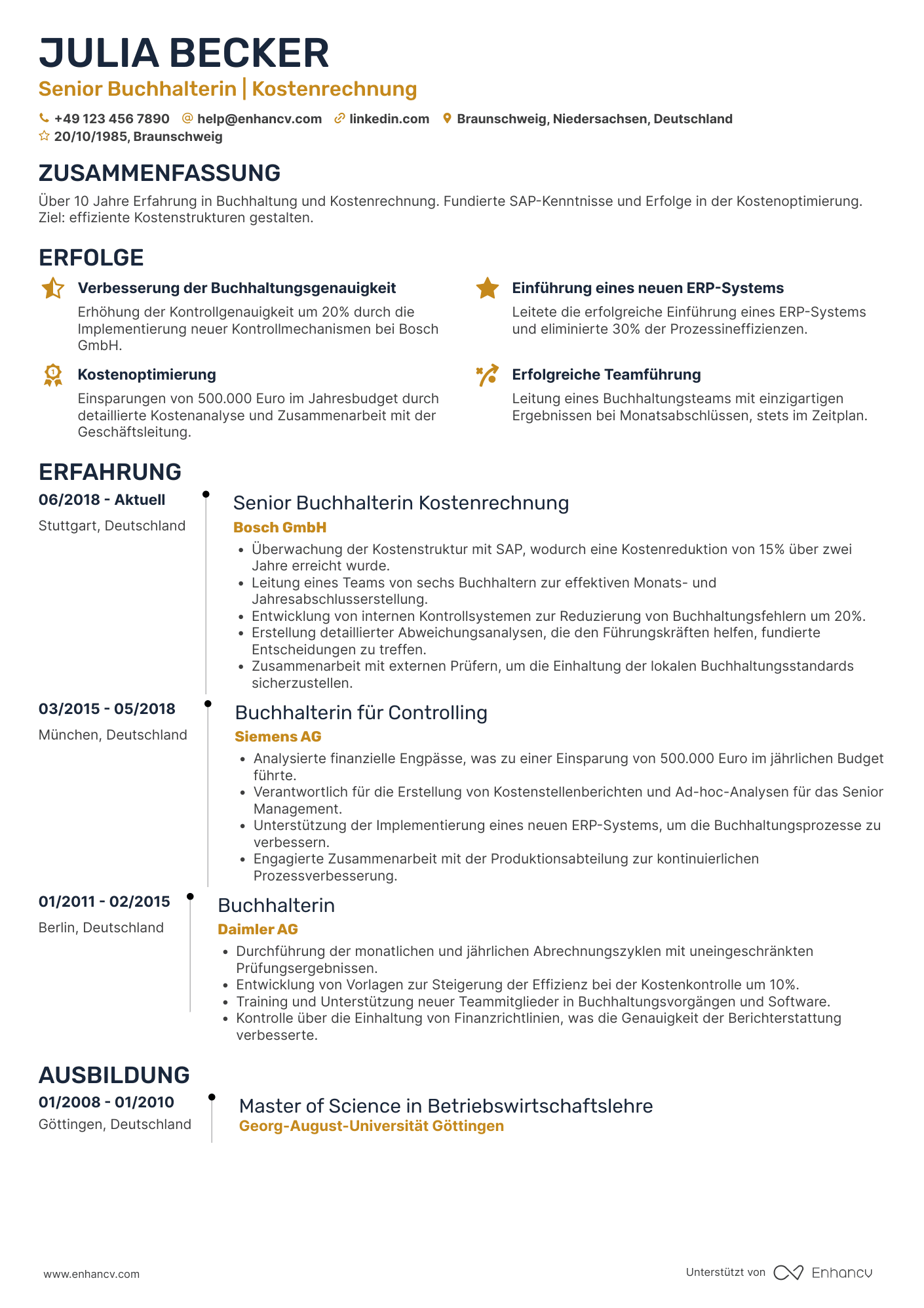 Lebenslauf als Buchhalter für Kostenrechnung Resume Example
