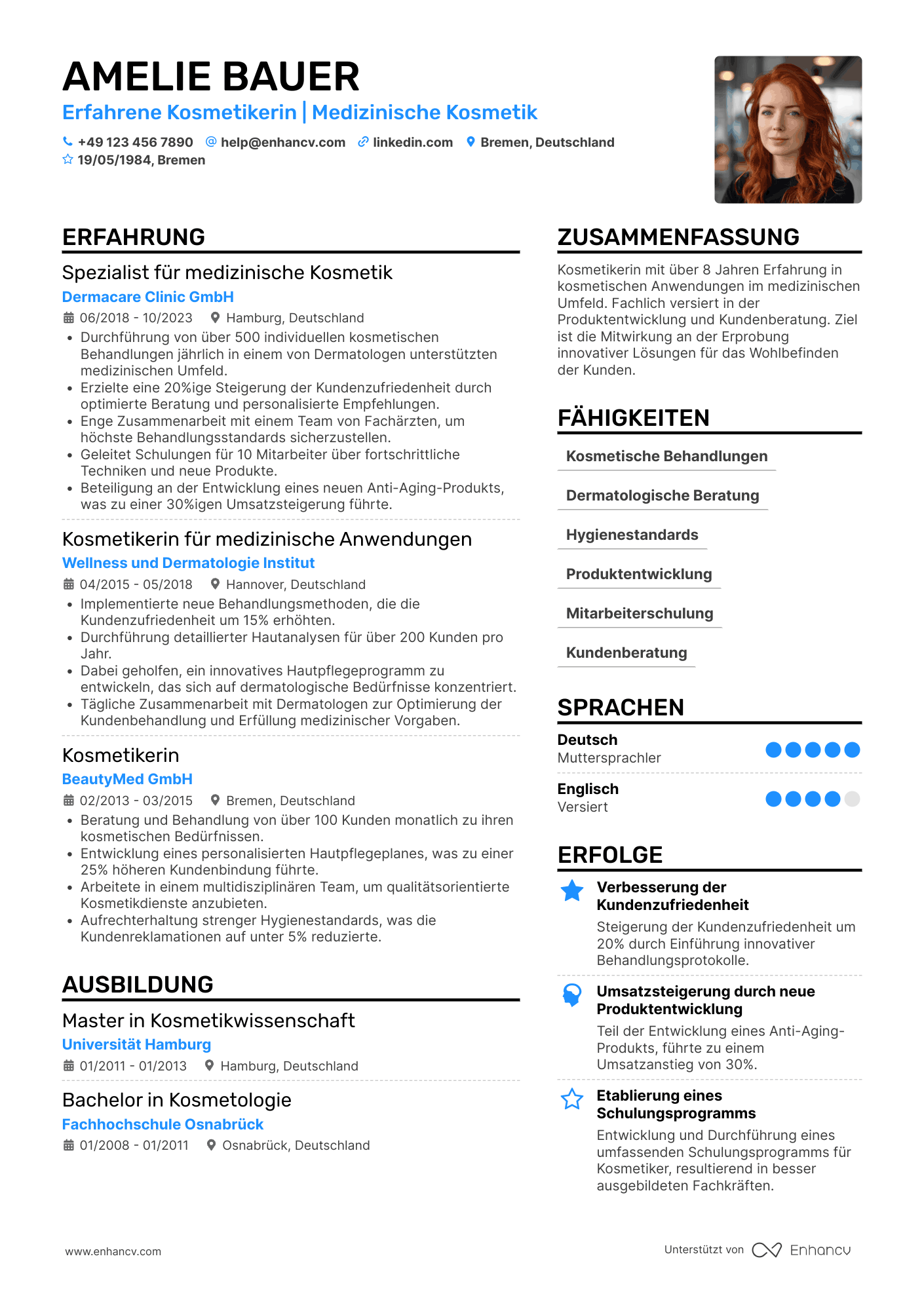 Lebenslauf in Kosmetikerin in der Medizinindustrie Resume Example