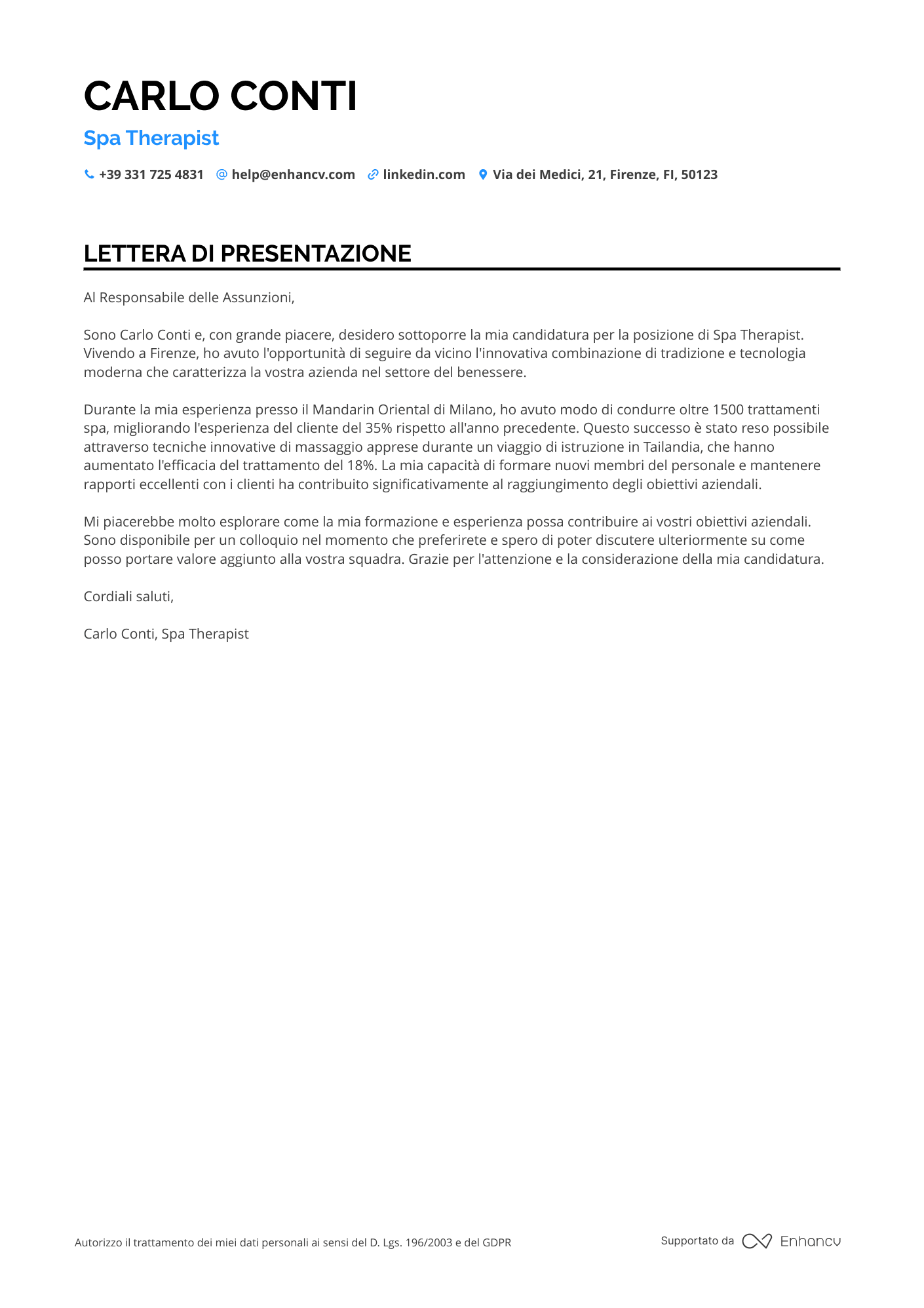 Estetista con Esperienza in Dermatologia Resume Example