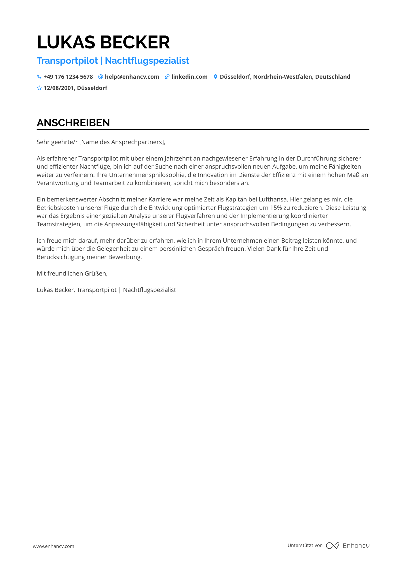 Pilot mit Erfahrung in Nachtflügen Resume Example