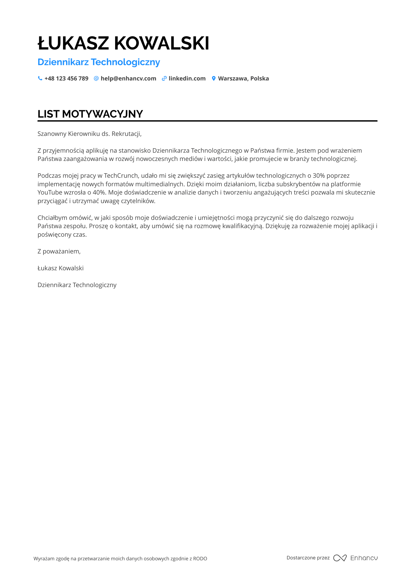 List motywacyjny dla Dziennikarz Technologiczny Resume Example