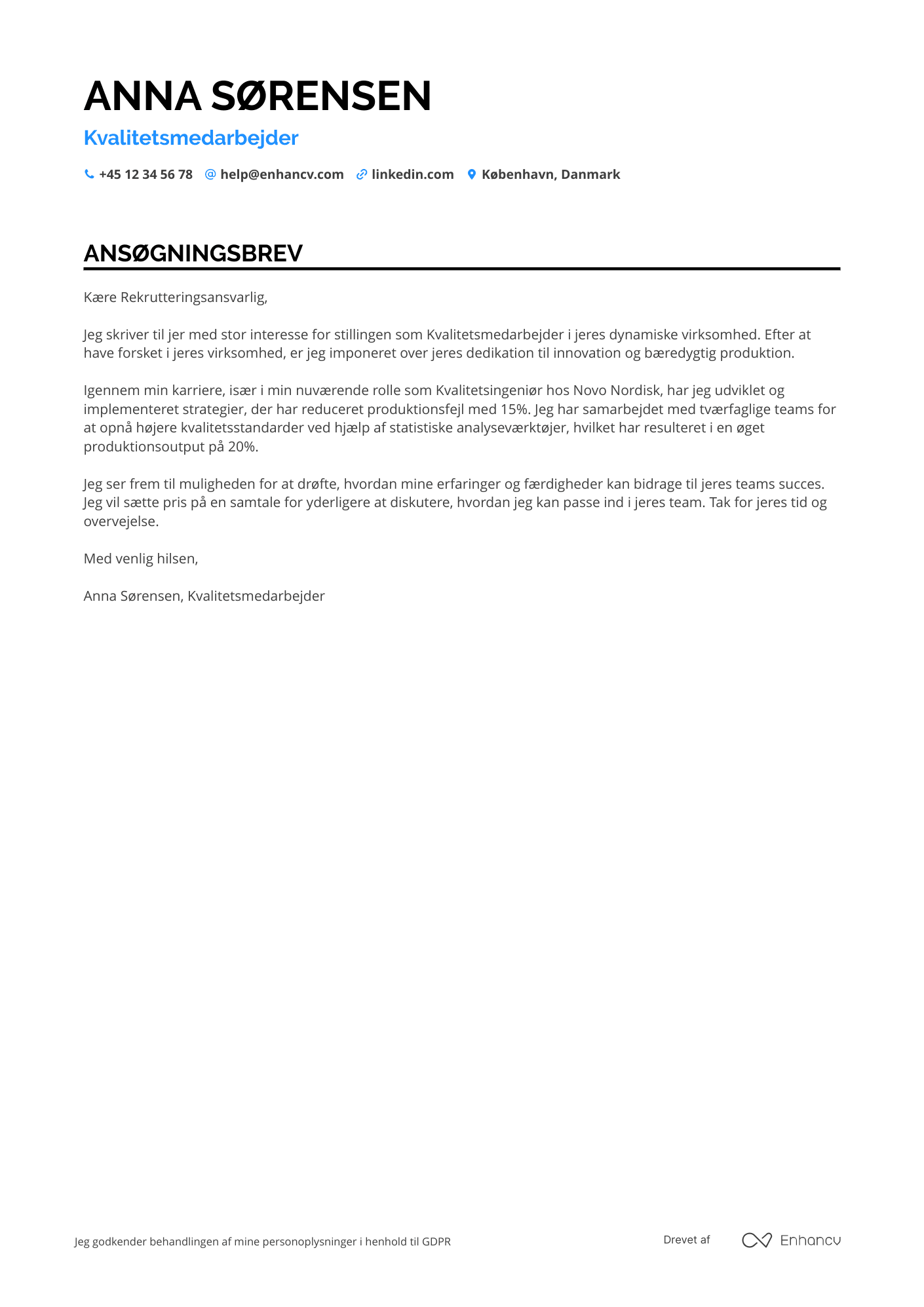 Ansøgningsbrev til Kvalitetsmedarbejder Resume Example