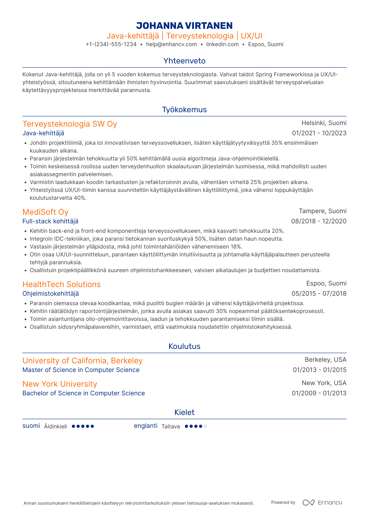 Ansioluettelo Java kehittäjä terveysteknologiaan Resume Example