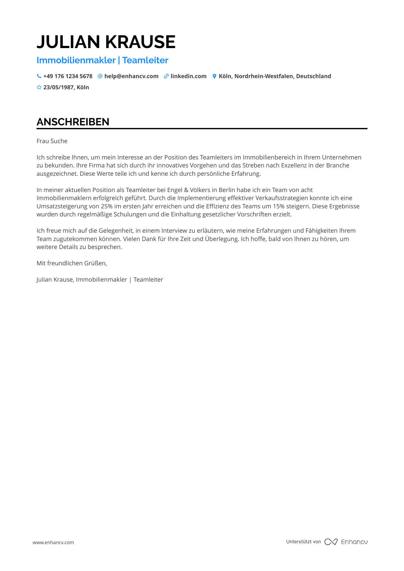 Immobilienmakler Teamleiter Resume Example