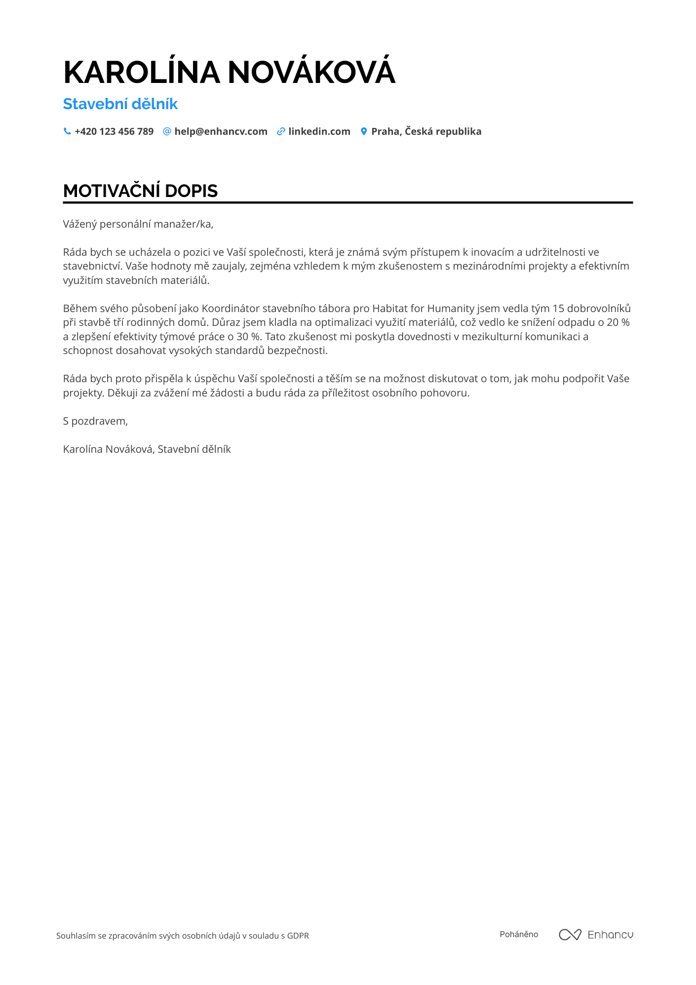Motivační dopis pro Mezinárodní stavební dělník Resume Example