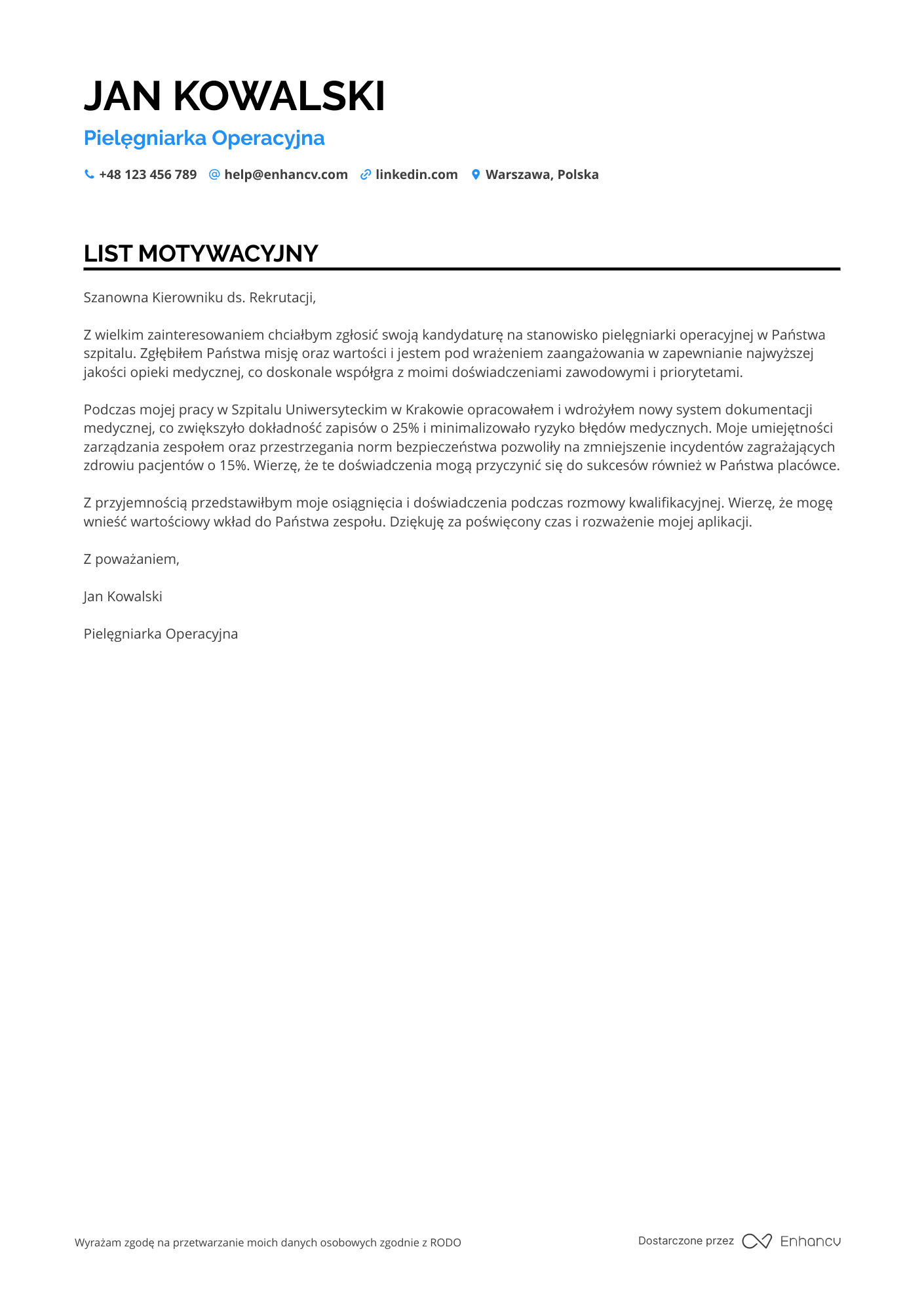 List motywacyjny dla Pielęgniarka Operacyjna Resume Example