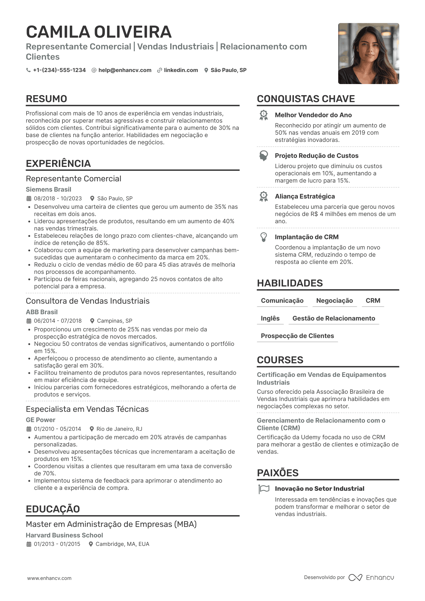 Representante comercial de equipamentos industriais Resume Example