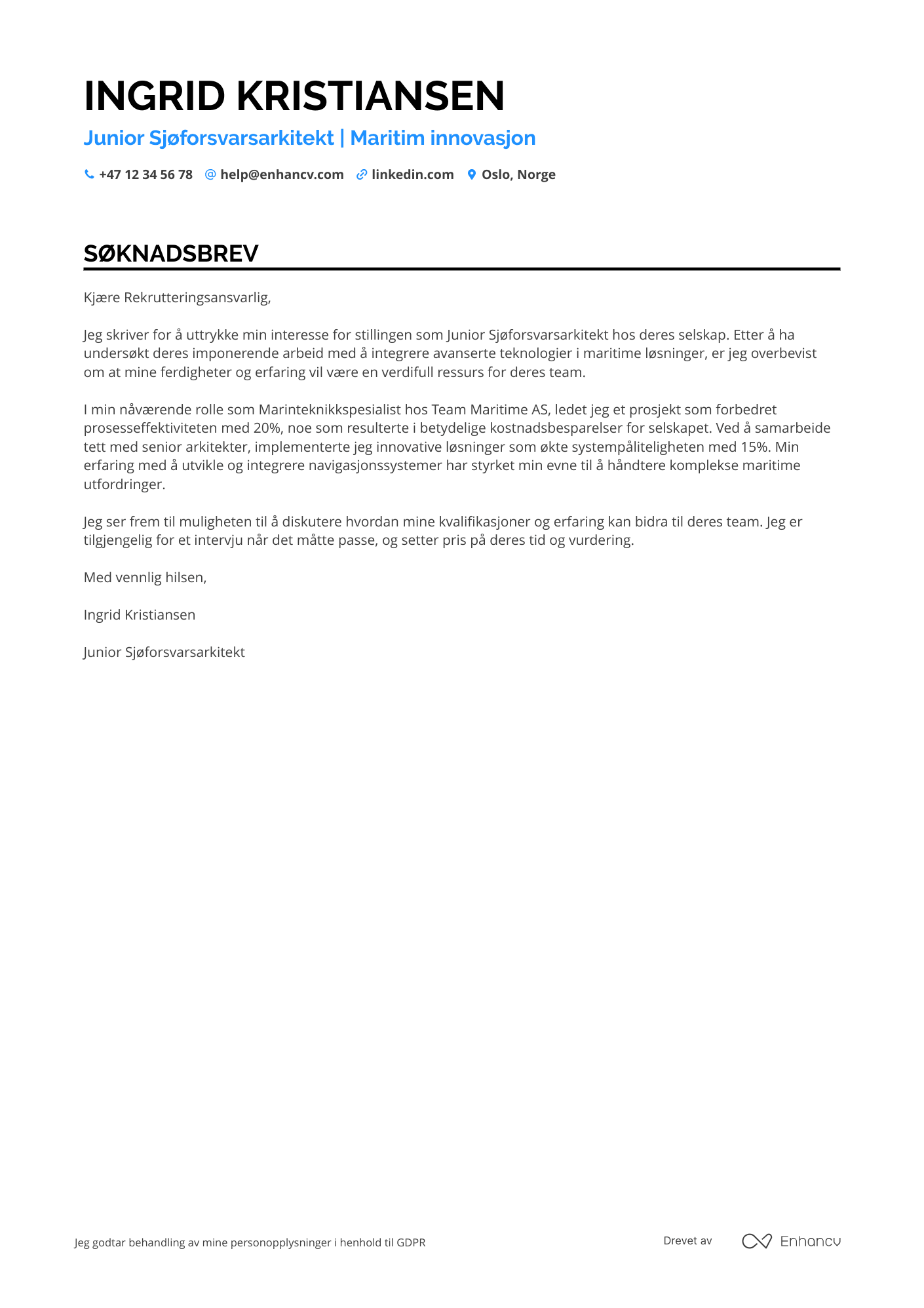 Søknadsbrev for Junior Sjøforsvarsarkitekt Resume Example