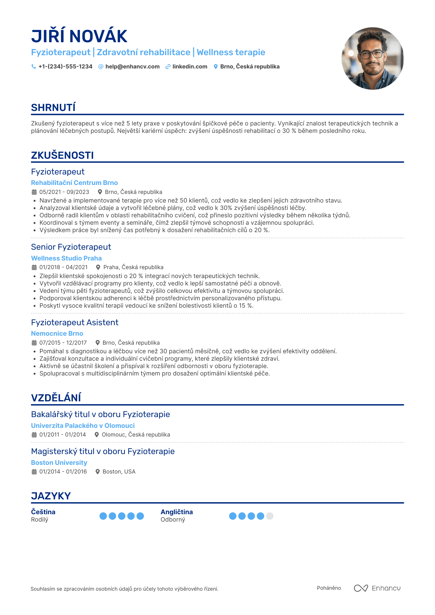 Životopis pro Fyzioterapeut ve wellness centru Resume Example