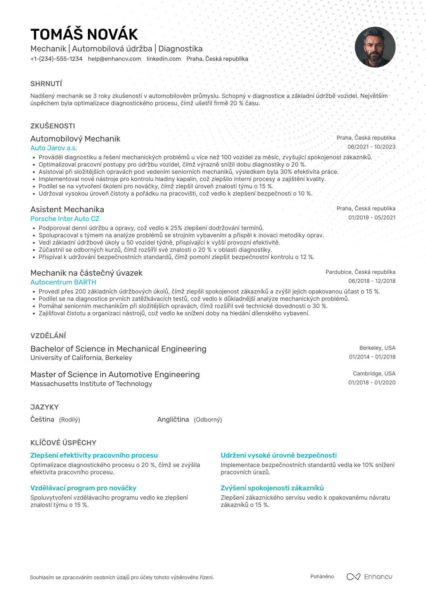 Životopis pro Mechanik pro začátečníky Resume Example