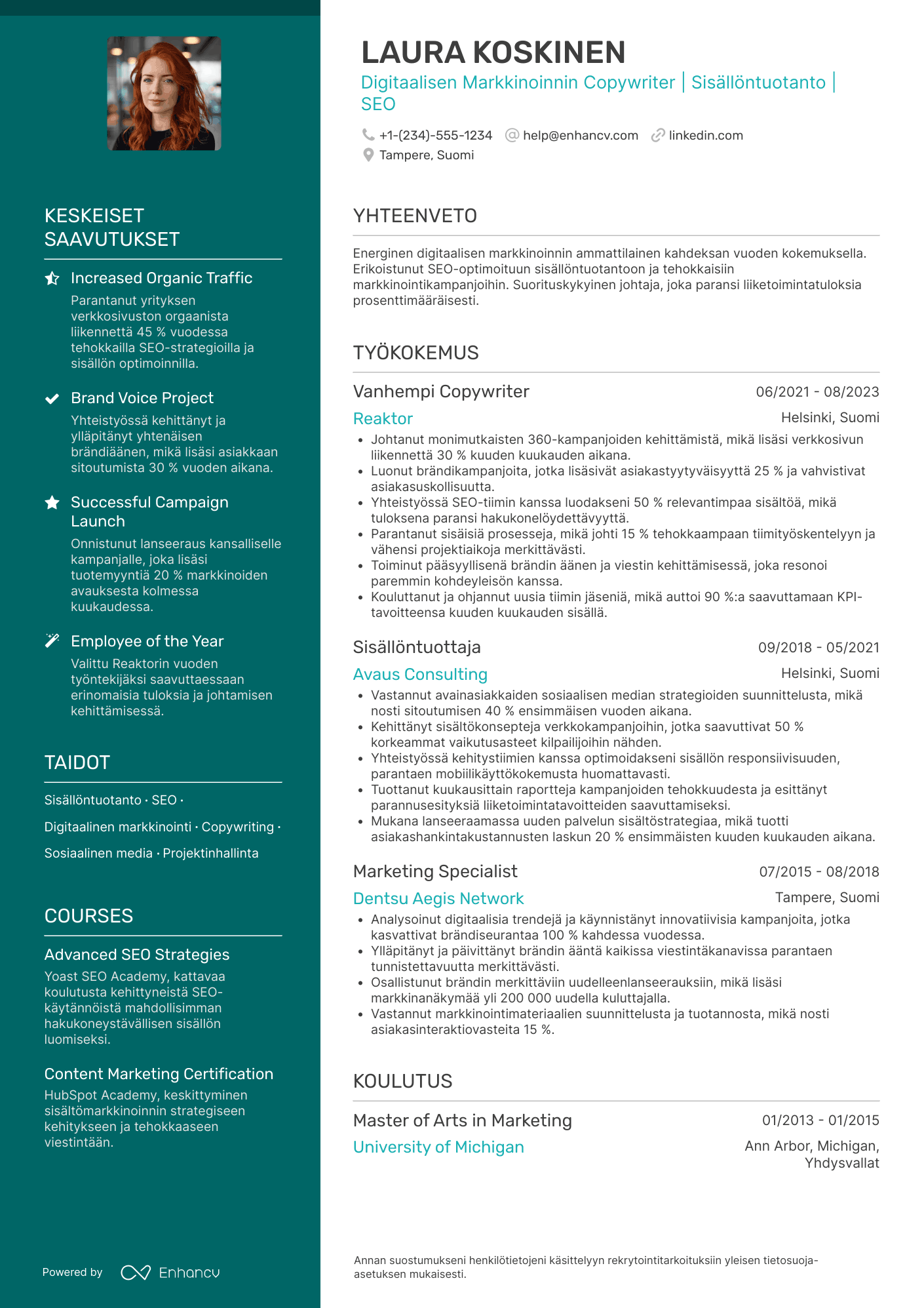 Ansioluettelo Digital Marketing Copywriter Resume Example