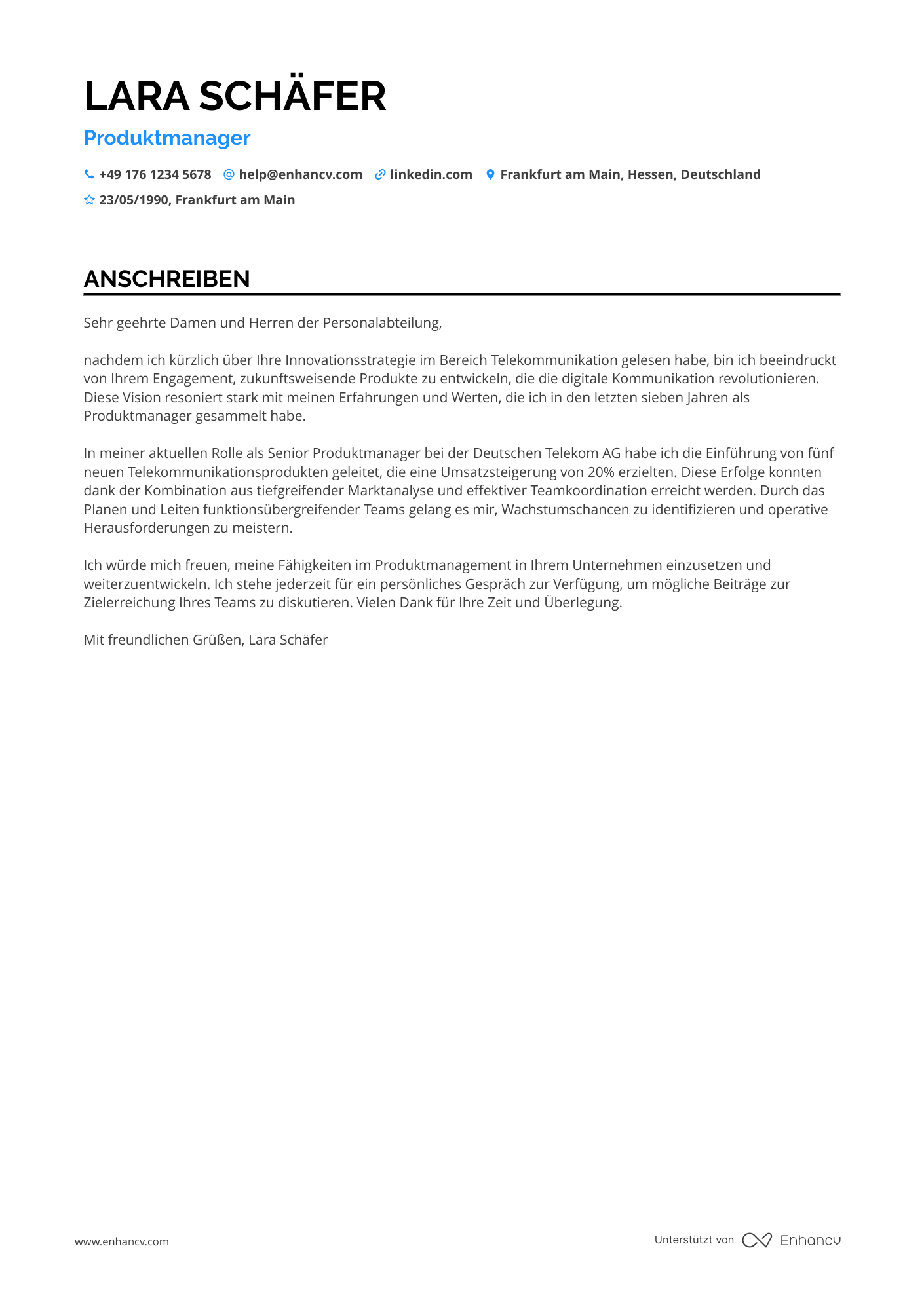 Produktmanager in der Telekommunikation Resume Example