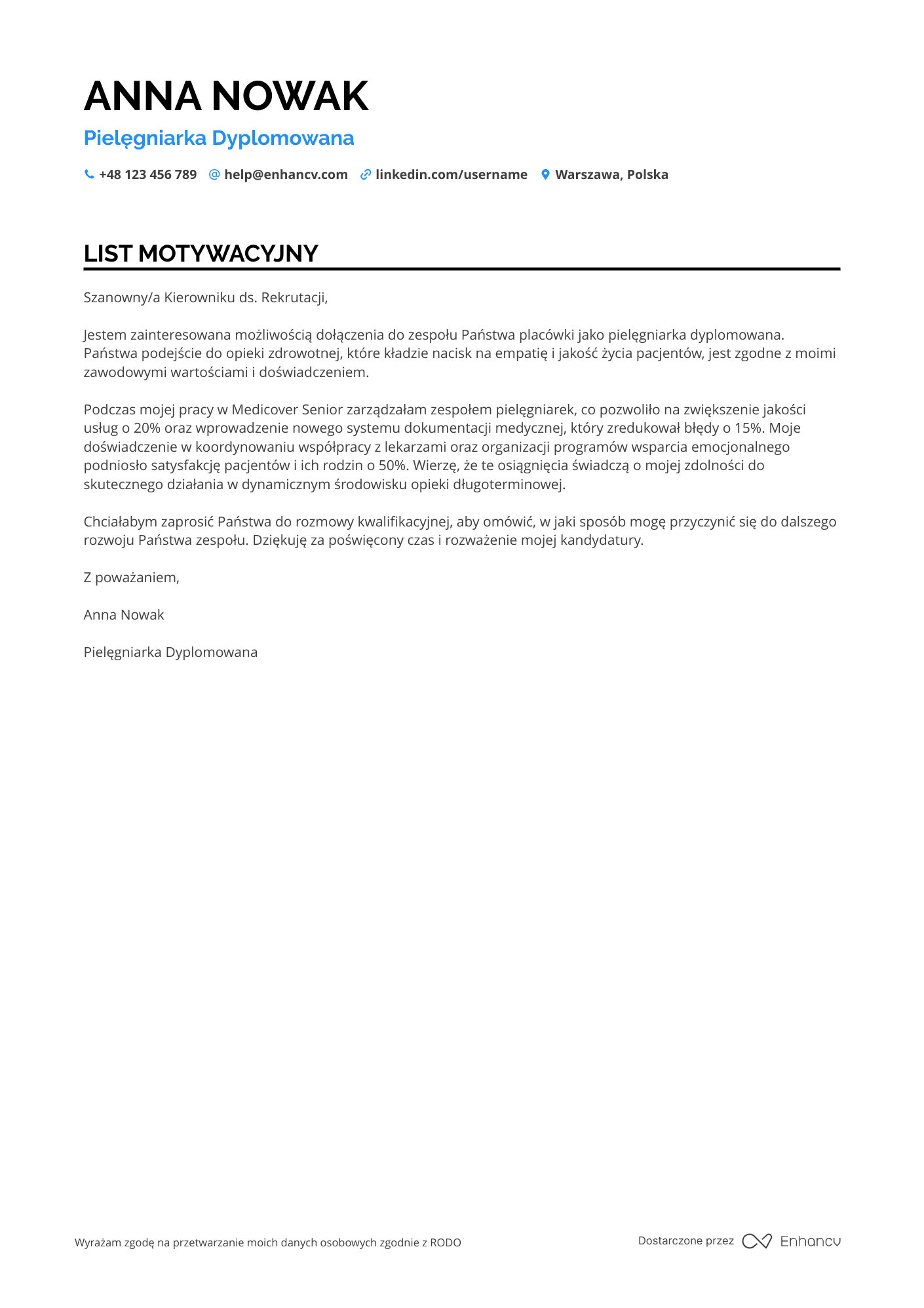 List motywacyjny dla Pielęgniarka w Ośrodku Opieki Długoterminowej Resume Example