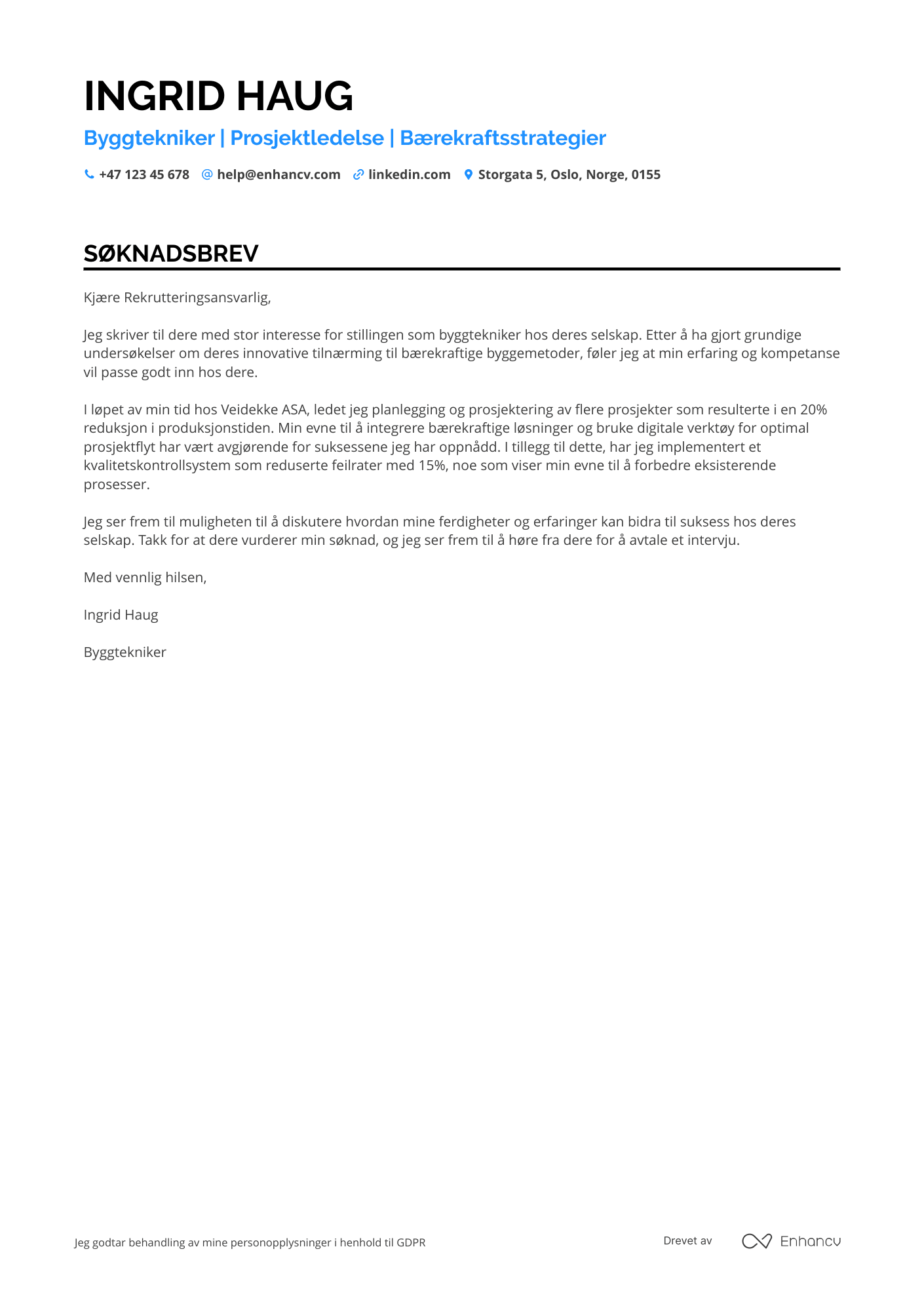 Søknadsbrev for Byggtekniker Resume Example