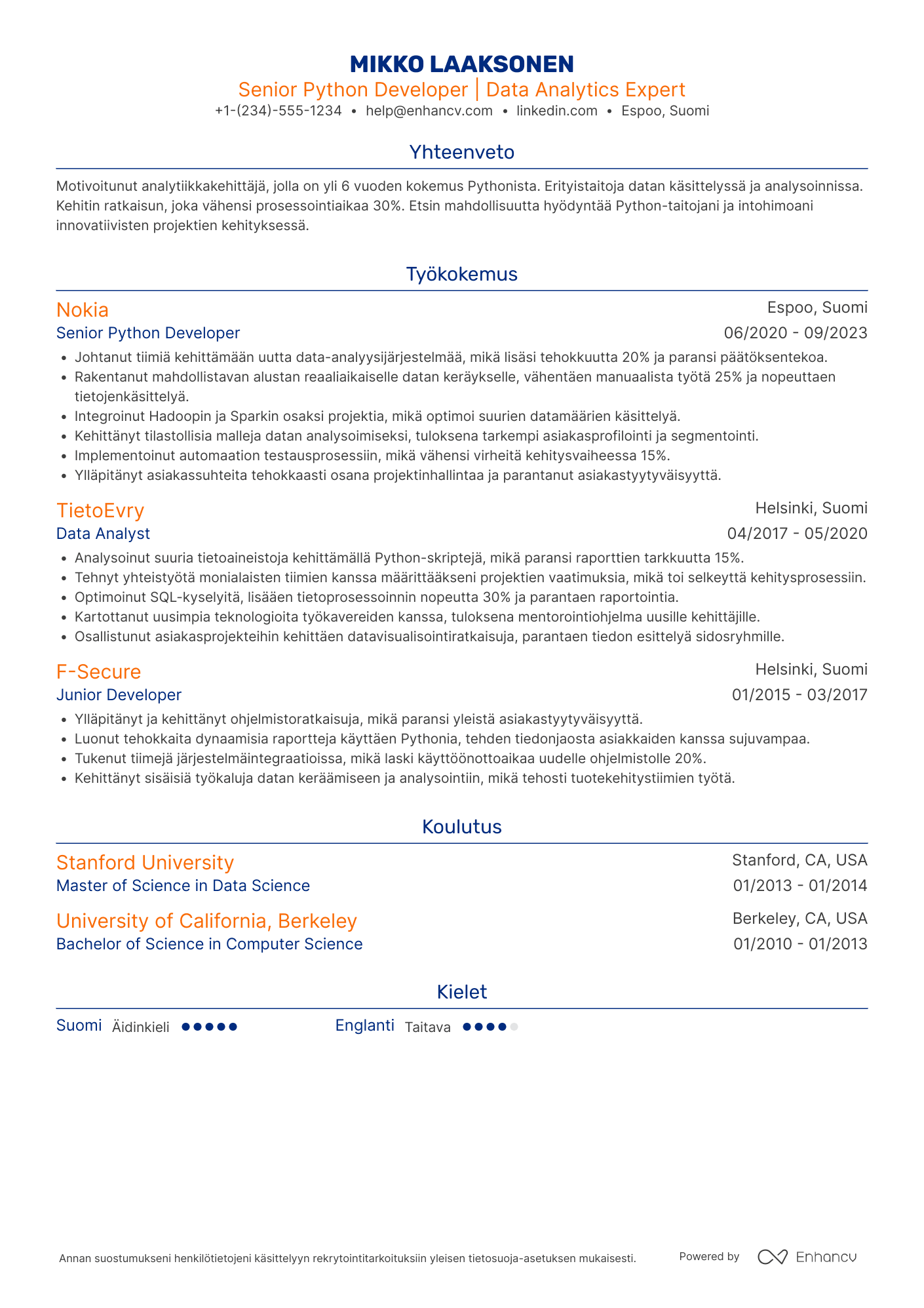 Ansioluettelo Analytiikka Python kehittäjä Resume Example