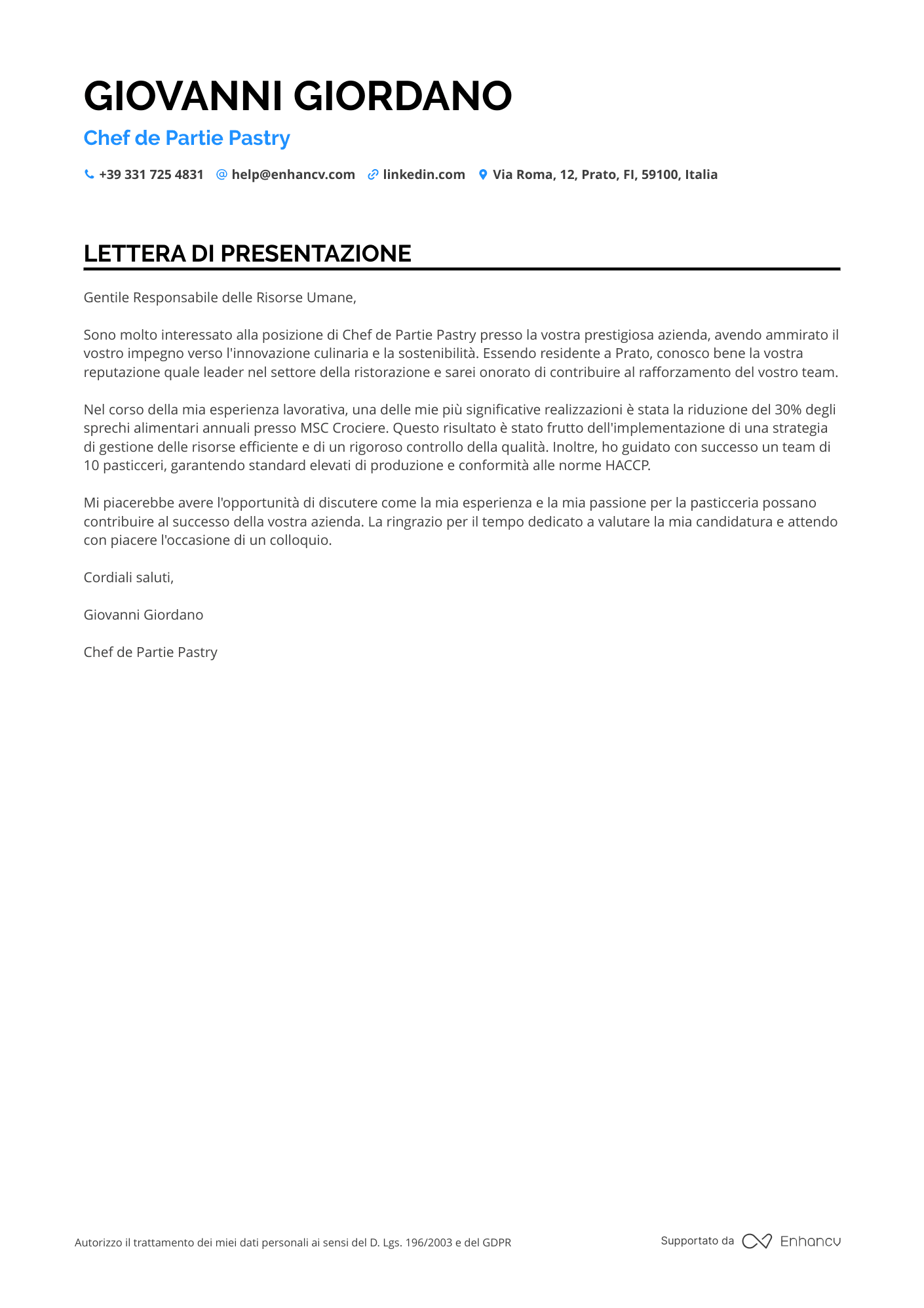 Pasticcere di Produzione Resume Example
