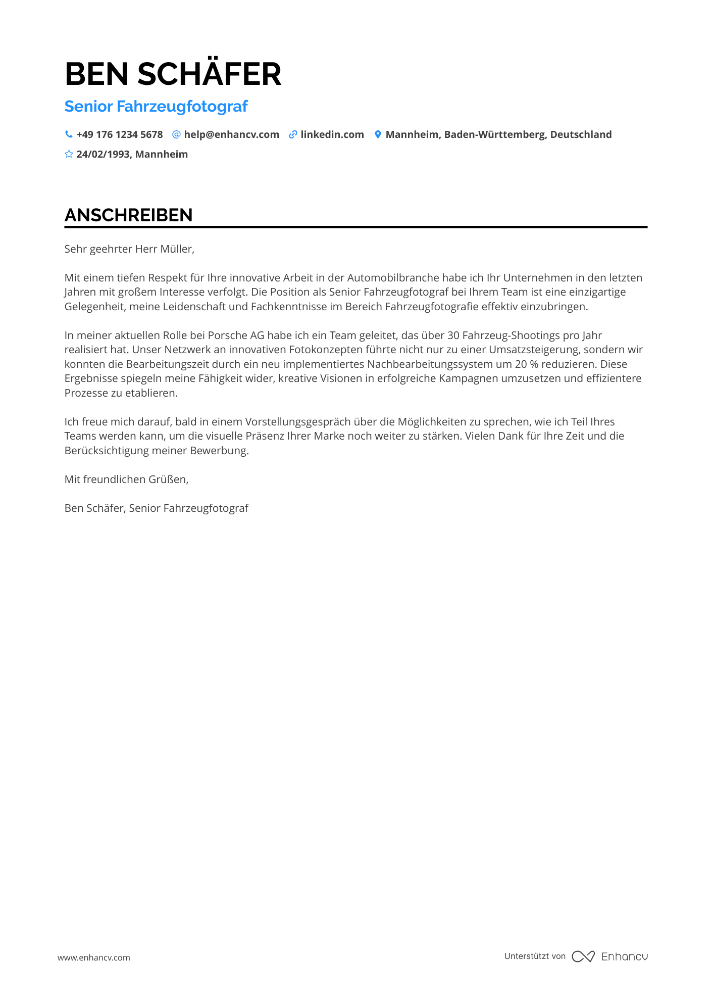 Fotograf für die Automobilindustrie Resume Example