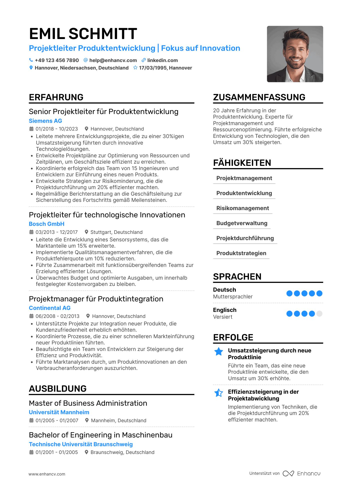 Lebenslauf als Projektleiter für Produktentwicklung Resume Example