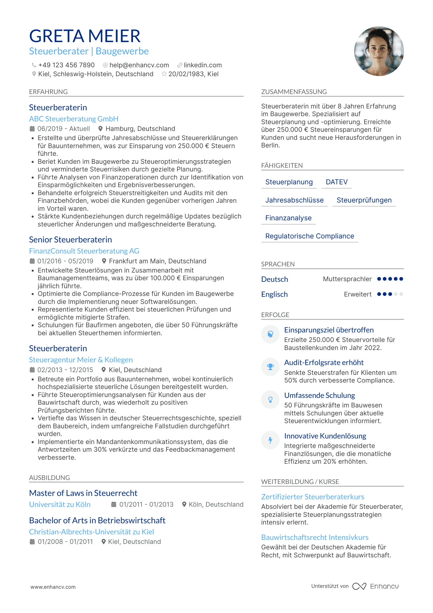 Lebenslauf in Steuerberater im Baugewerbe Resume Example