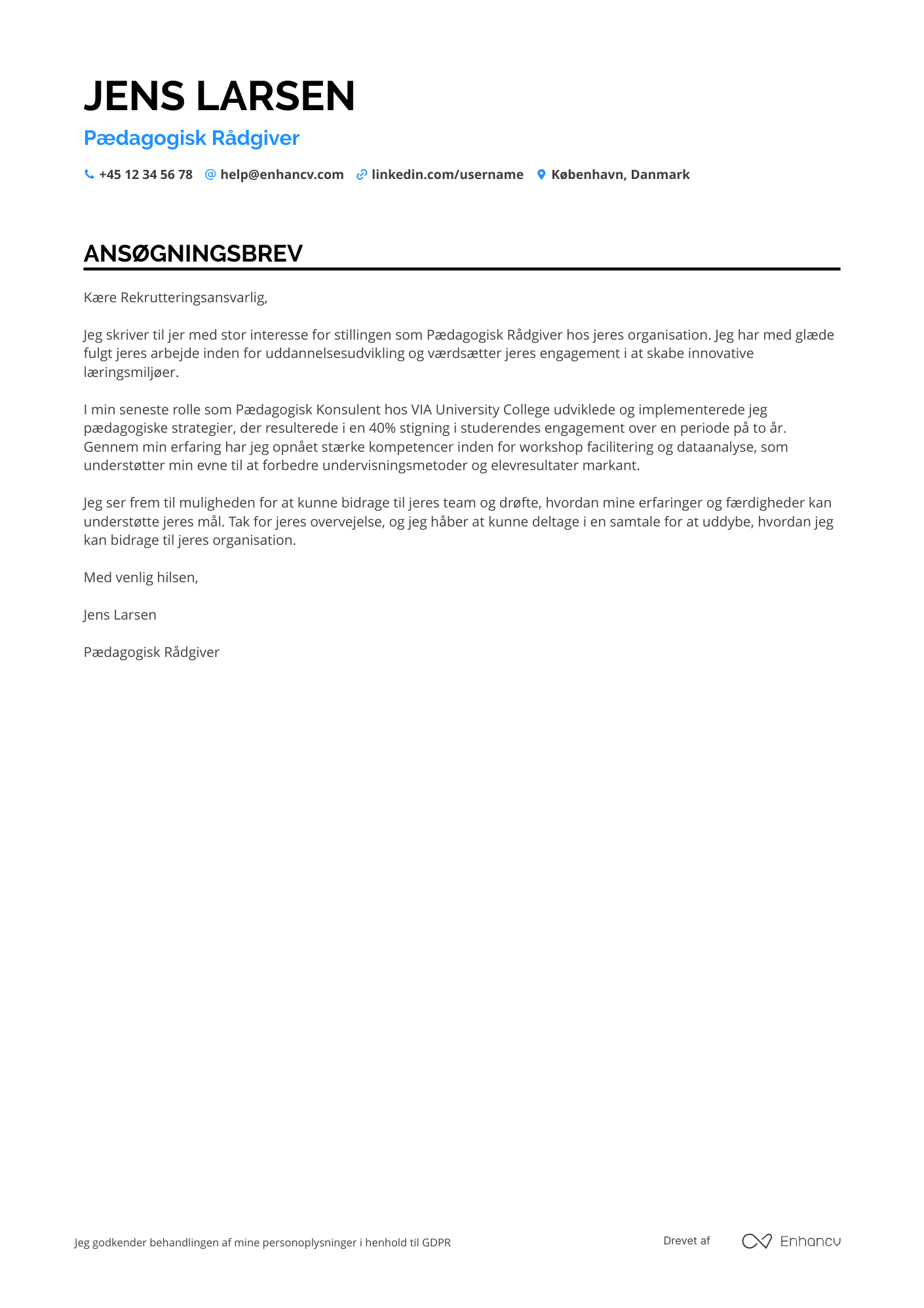 Ansøgningsbrev til Pædagogisk Rådgiver Resume Example