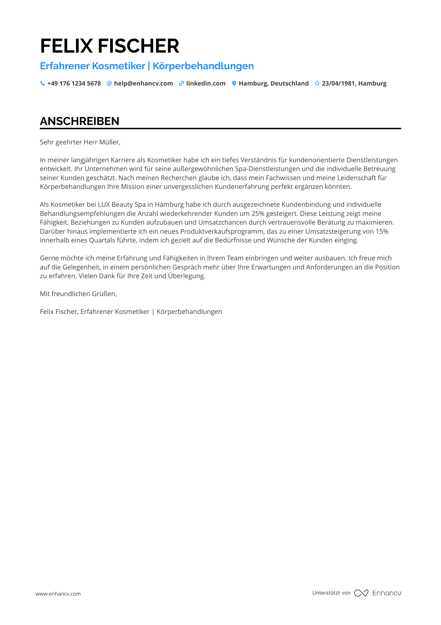Kosmetikerin für Körperbehandlungen Resume Example