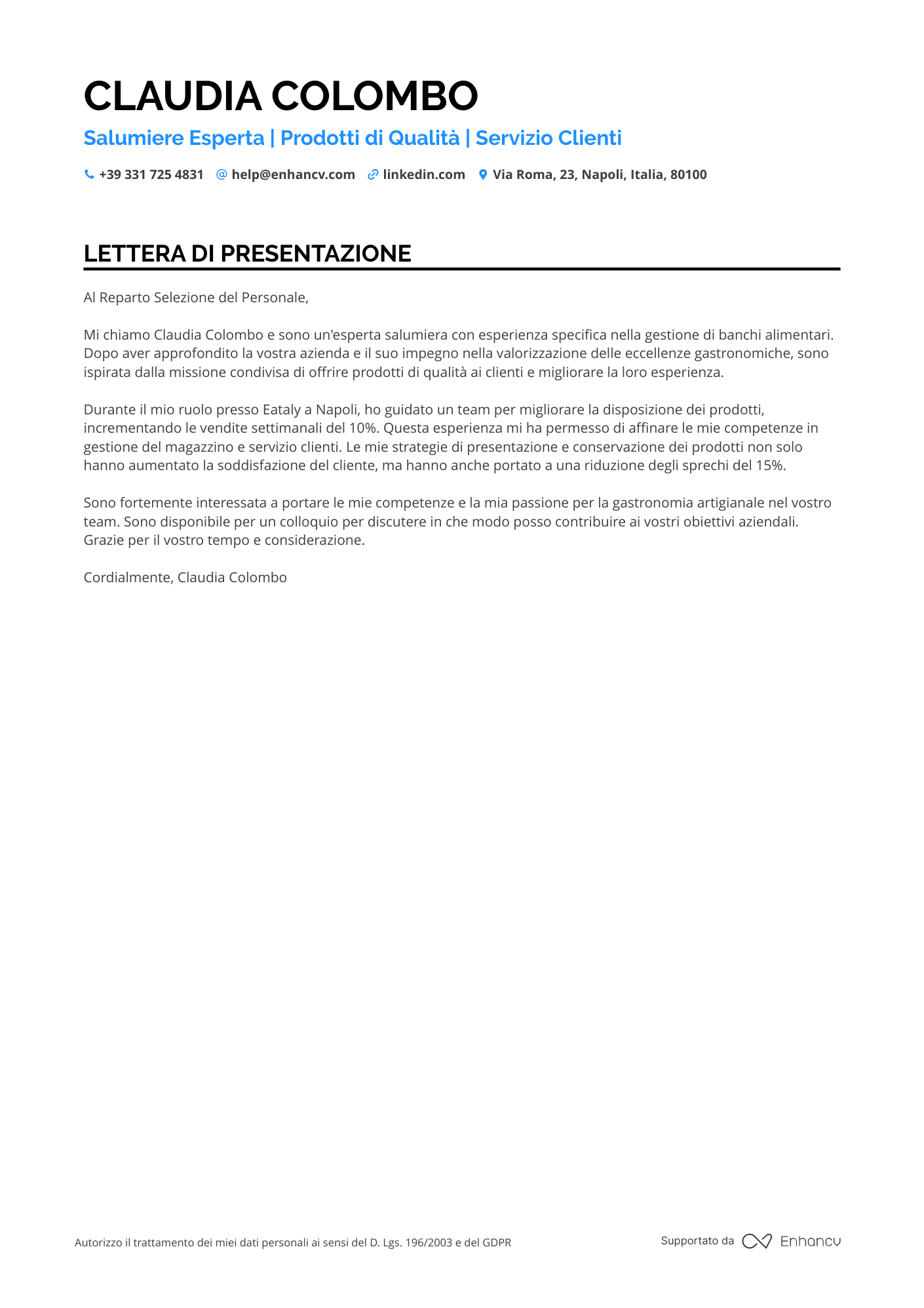 Salumiere Senior Resume Example