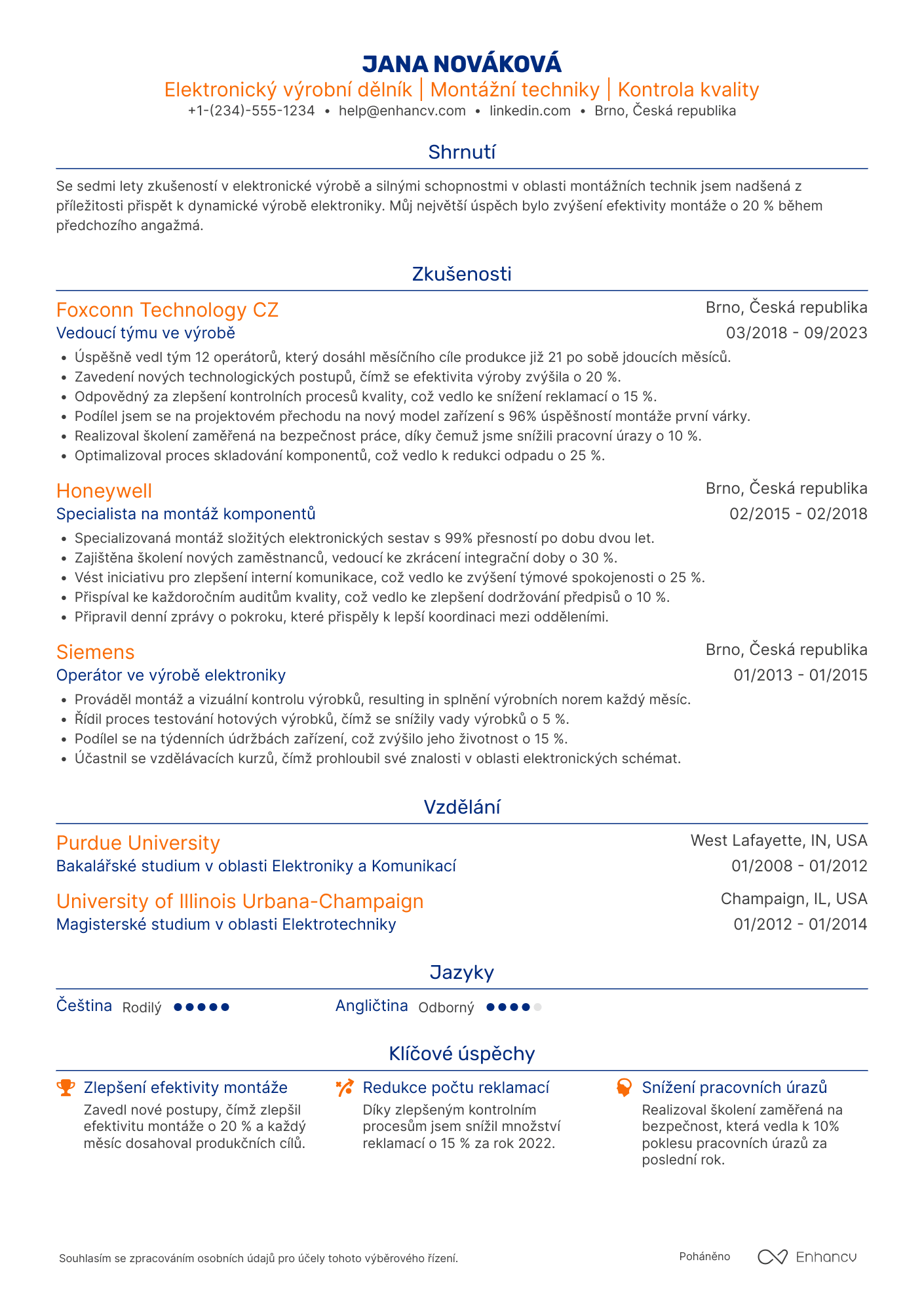 Životopis pro Dělník výroby elektroniky Resume Example