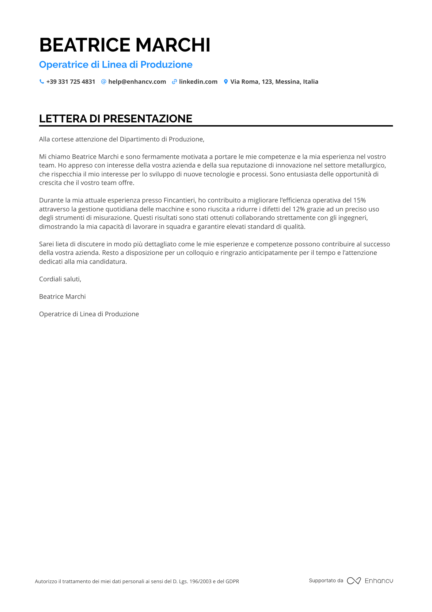 Operaio di Linea Resume Example