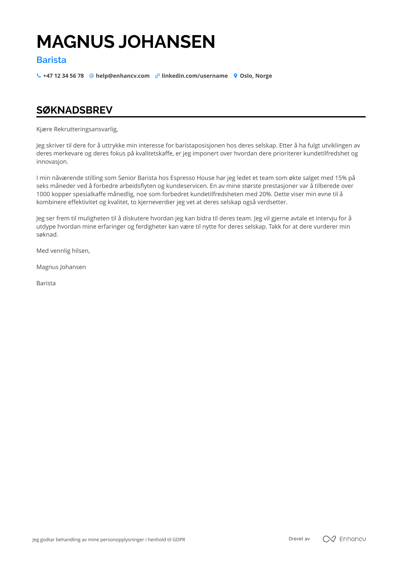 Søknadsbrev for Kafé Barista Resume Example