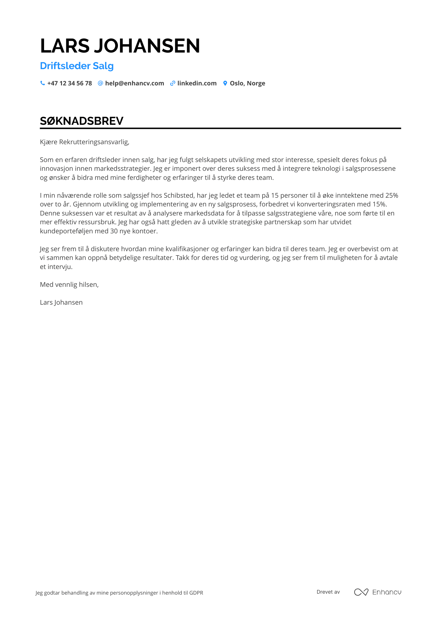 Søknadsbrev for Driftsleder Salg Resume Example