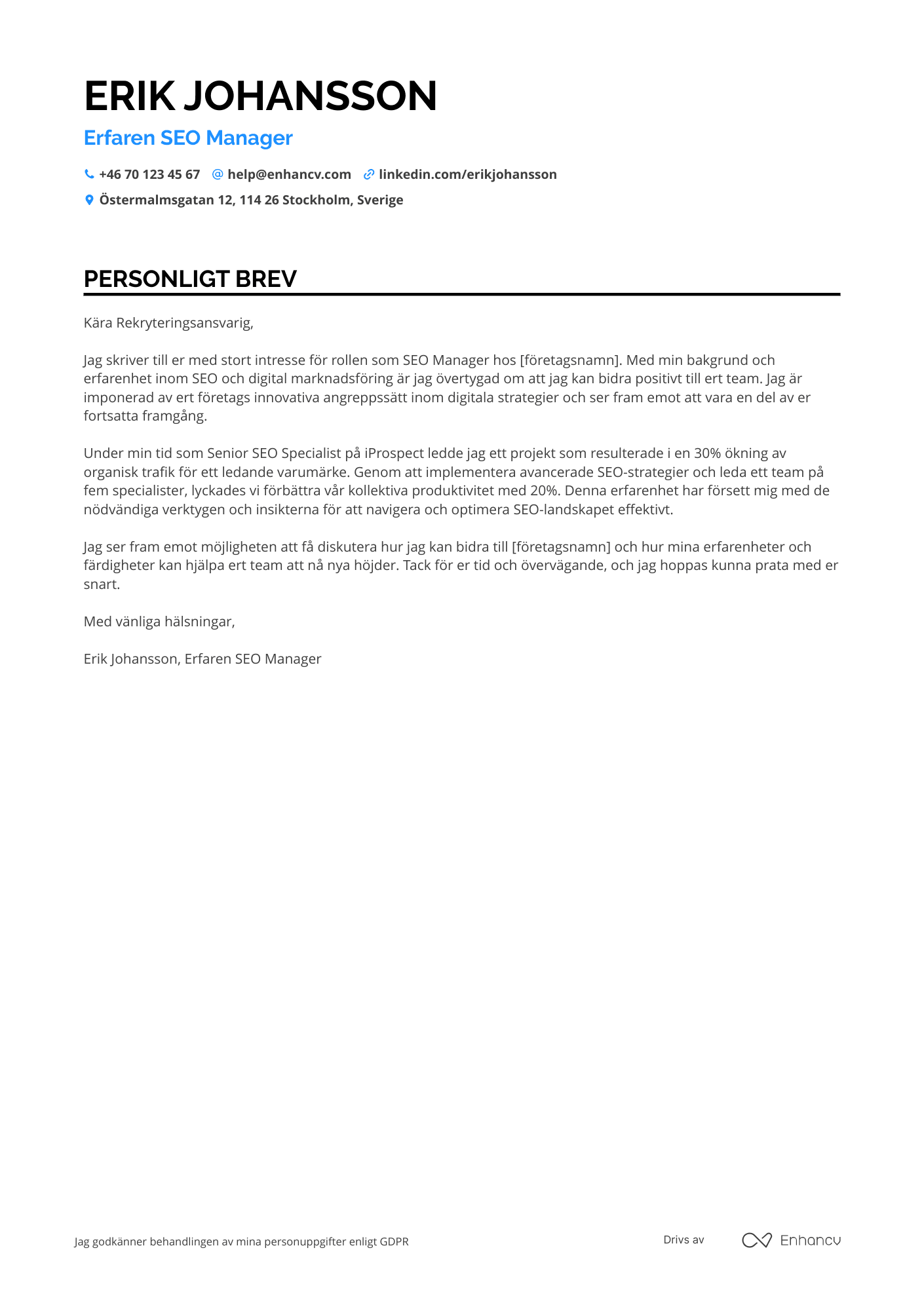 Personligt brev för SEO Manager Resume Example