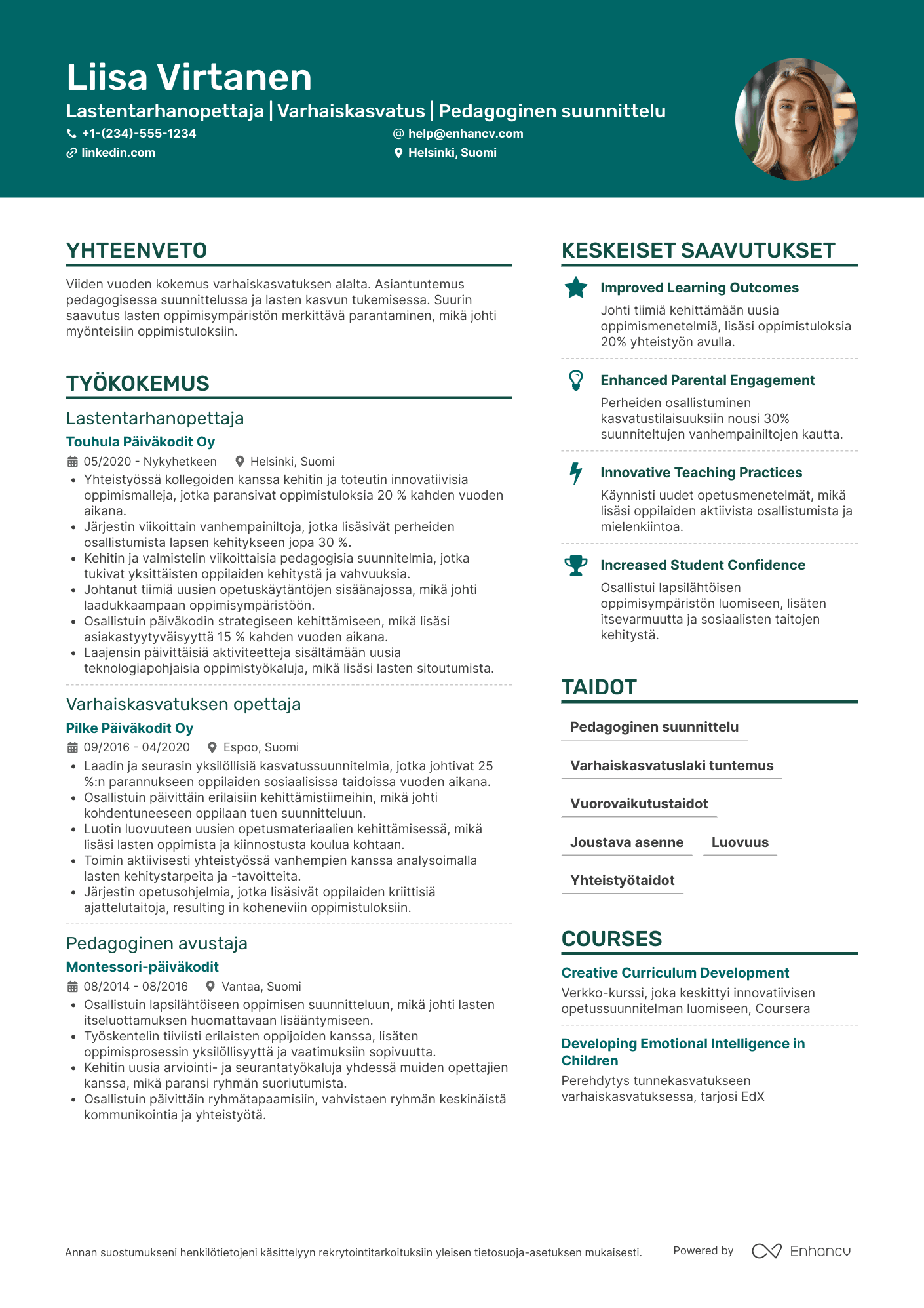 Ansioluettelo Yksityisen päiväkodin lastentarhanopettaja Resume Example