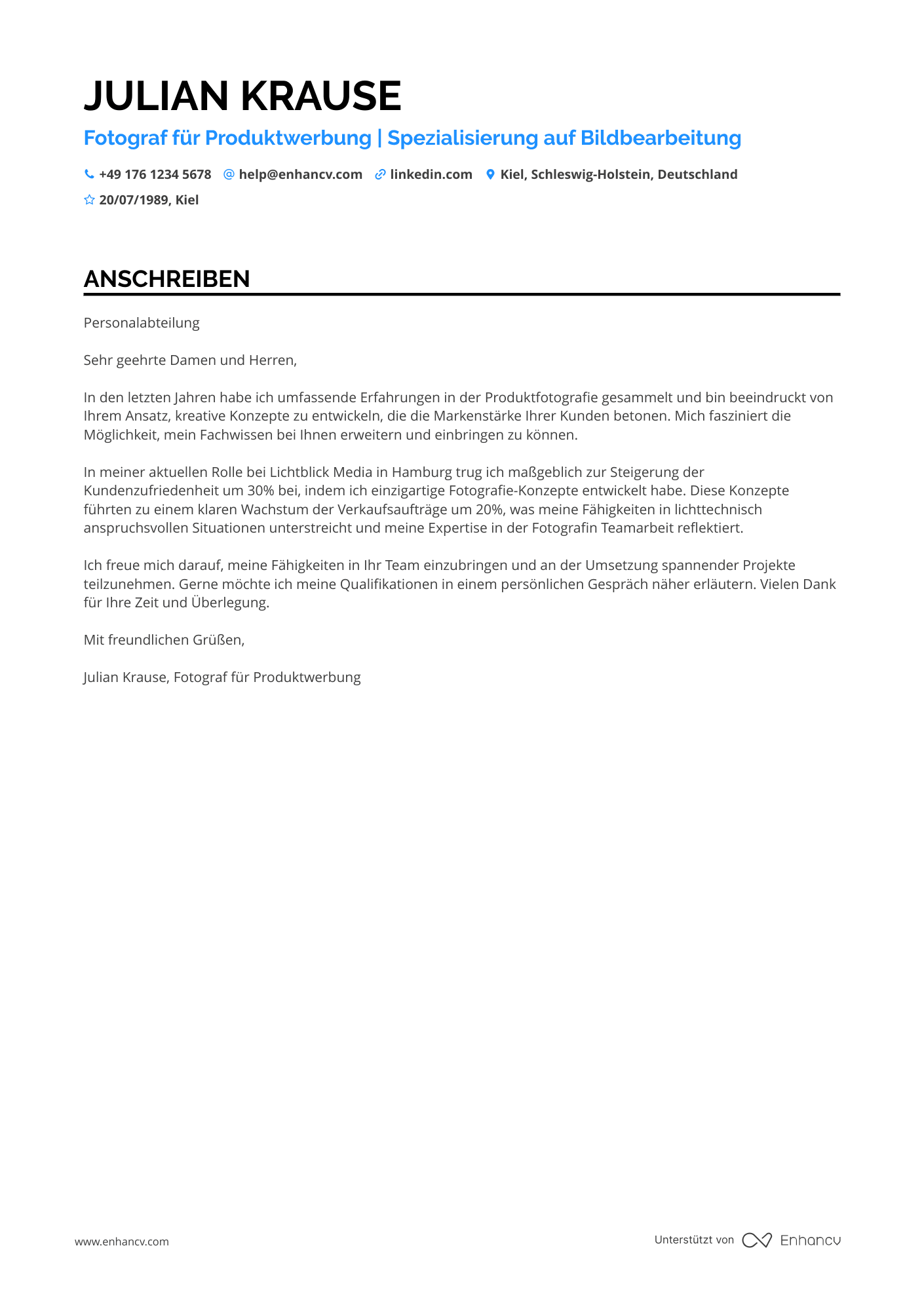 Fotograf für Produktwerbung Resume Example
