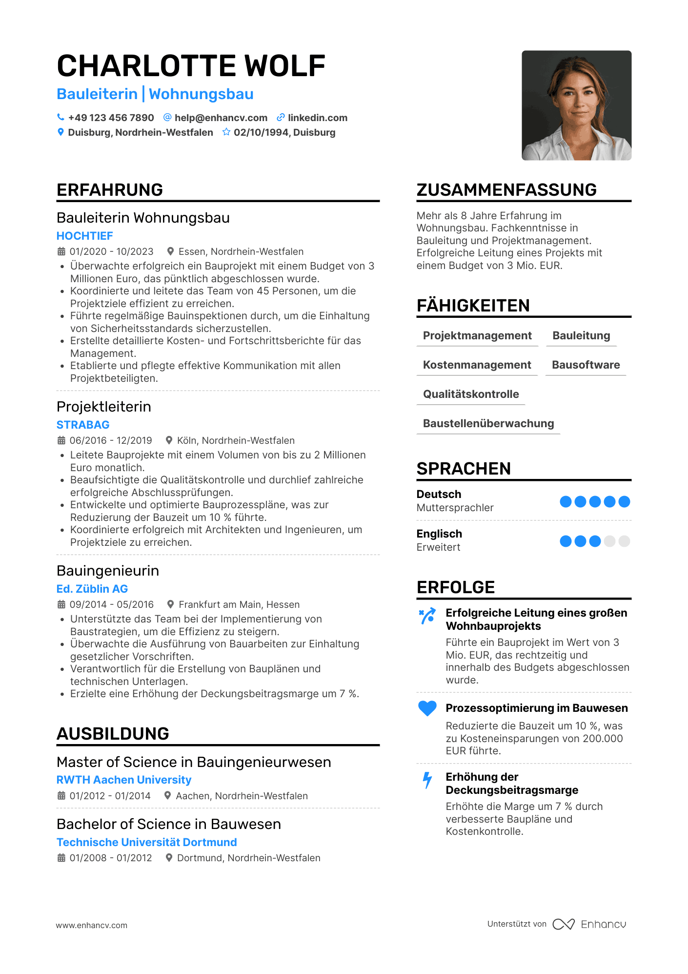 Lebenslauf als Bauleiter für Wohnungsbau Resume Example