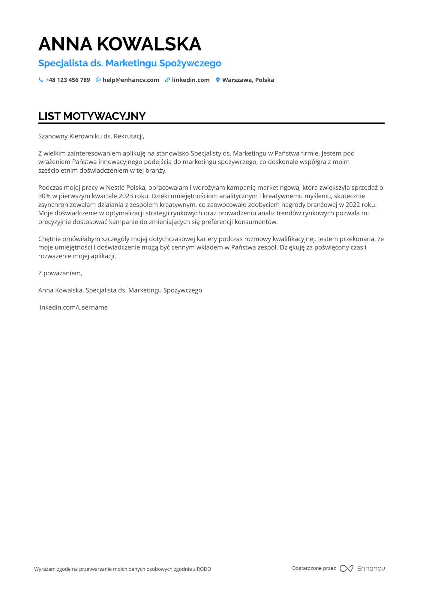 List motywacyjny dla Specjalista ds. Marketingu Spożywczego Resume Example