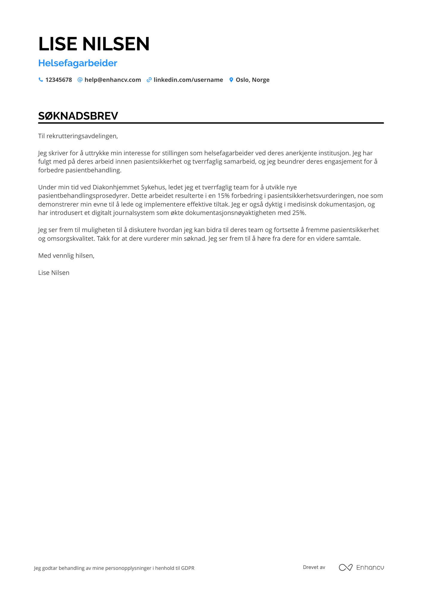 Søknadsbrev for Helsefagarbeider Spesialist Resume Example