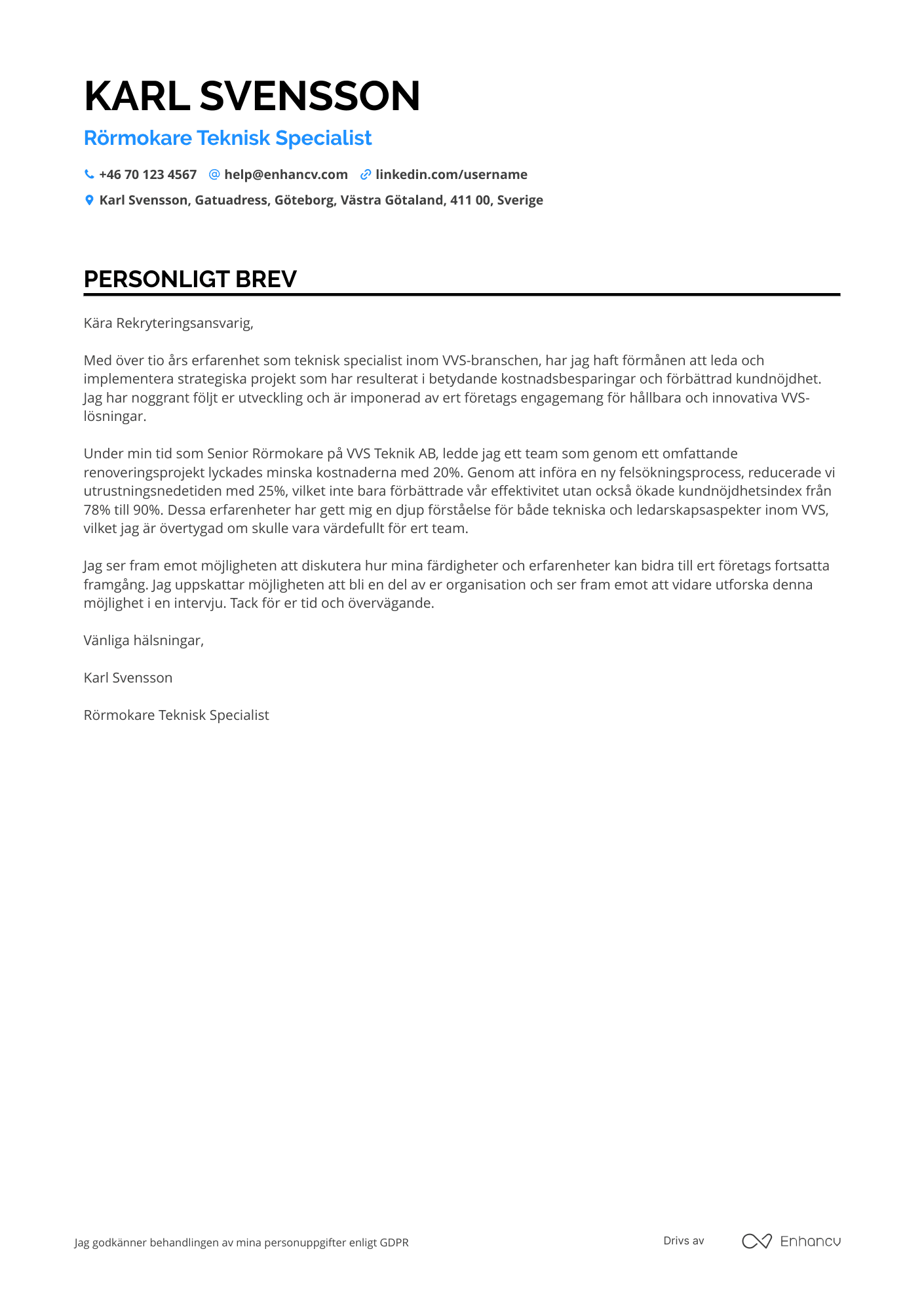 Personligt brev för Rörmokare Teknisk Specialist Resume Example