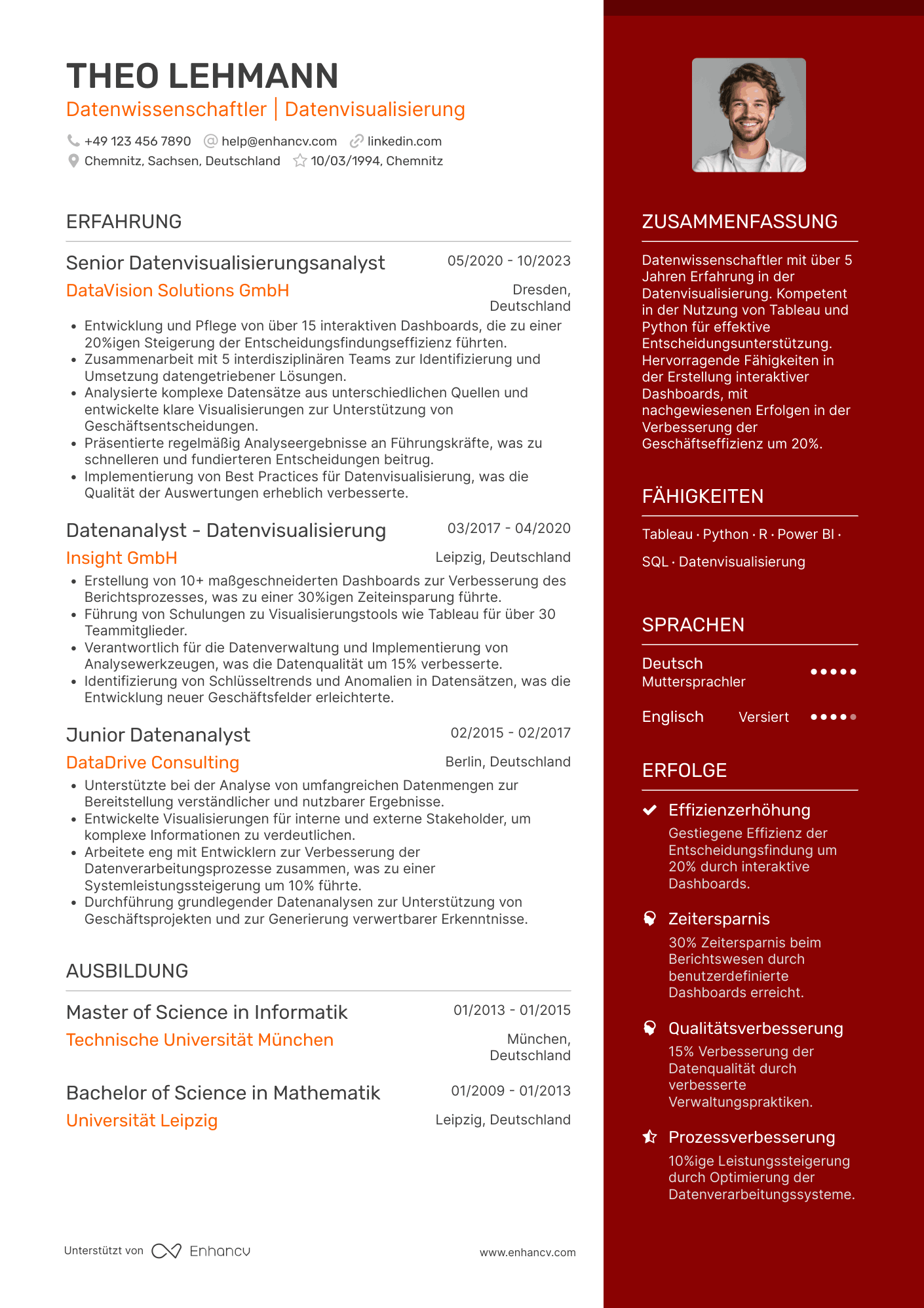 Lebenslauf als Datenwissenschaftler für Datenvisualisierung Resume Example