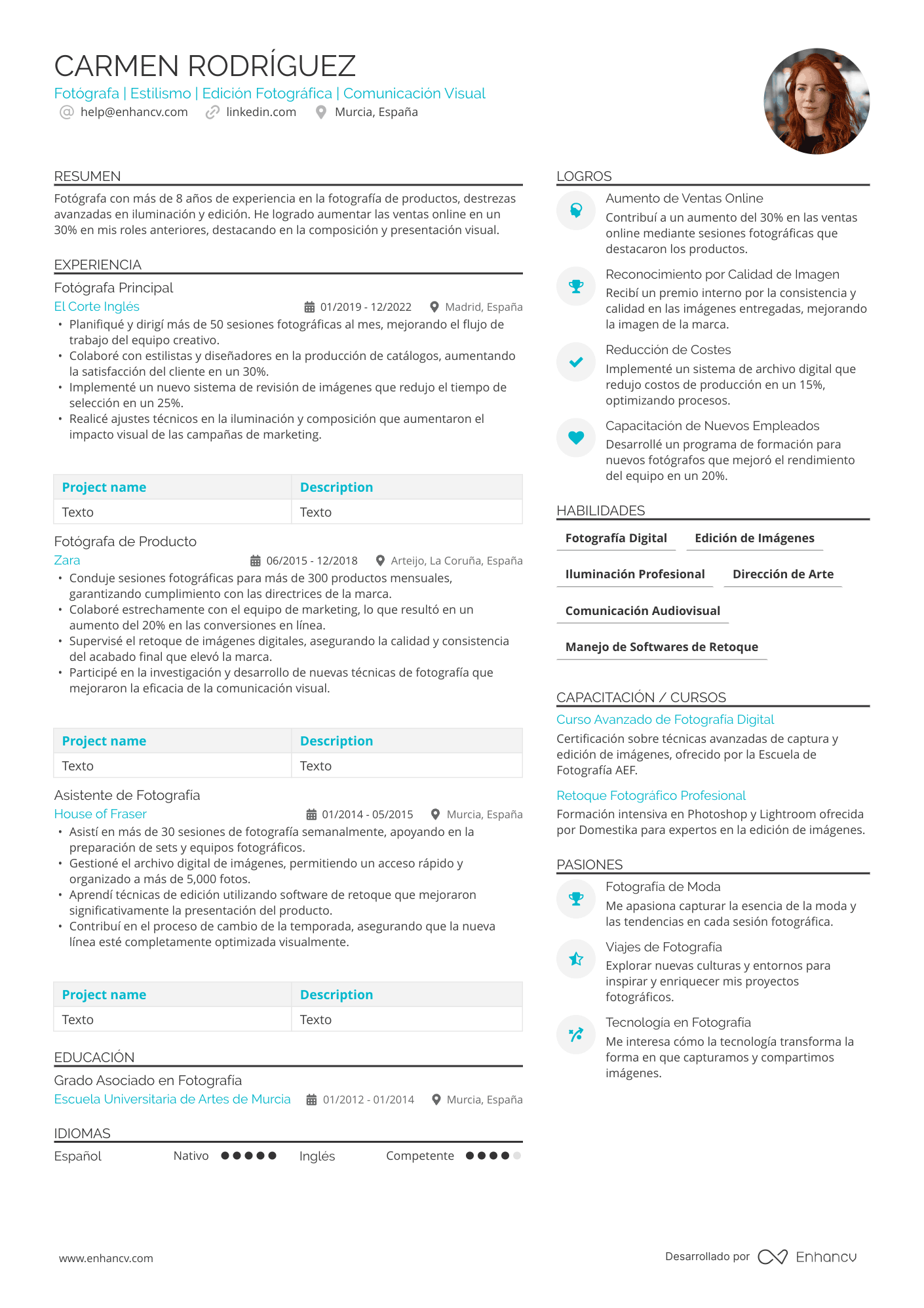 Artístico de fotografía Resume Example