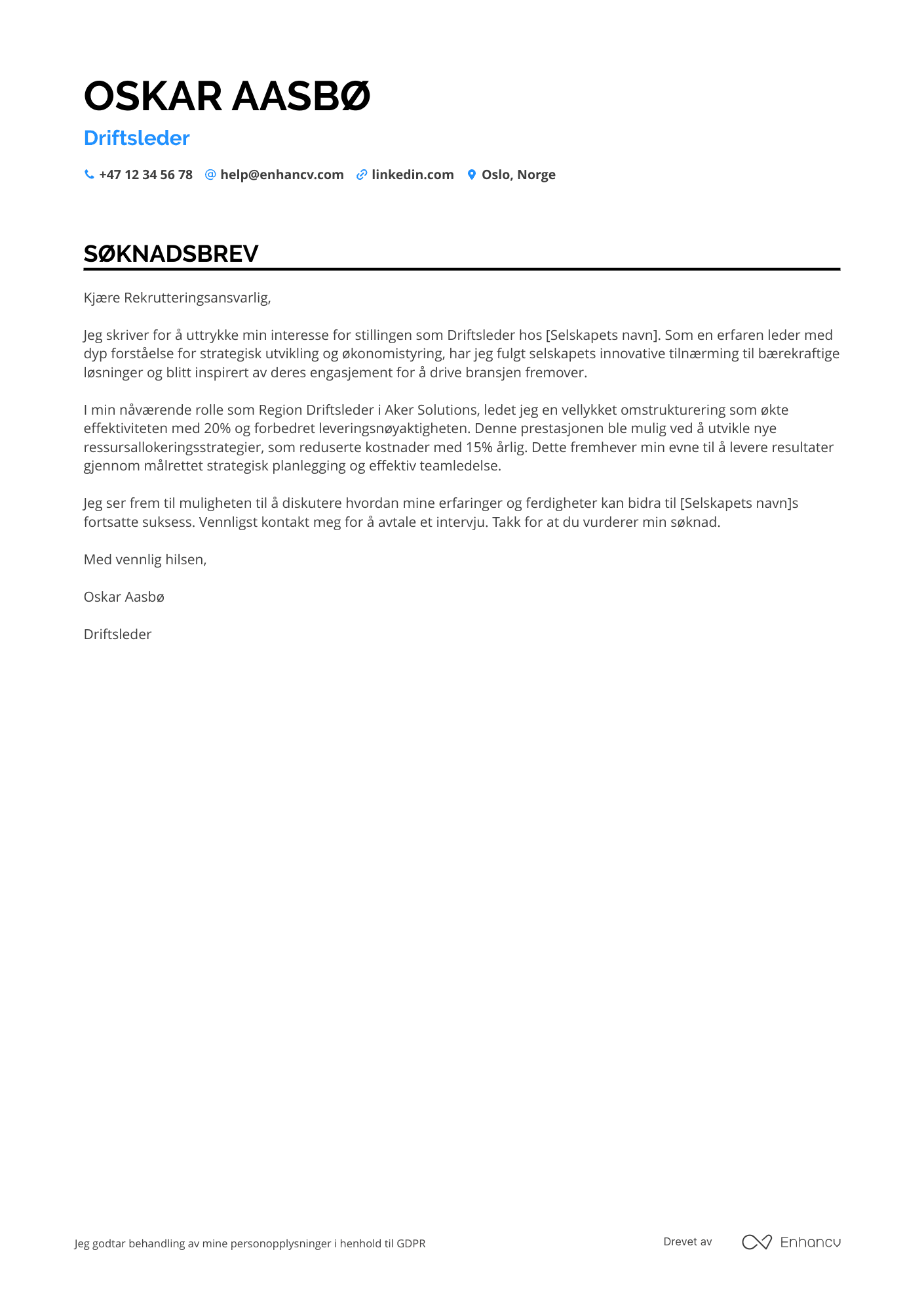 Søknadsbrev for Region Driftsleder Resume Example