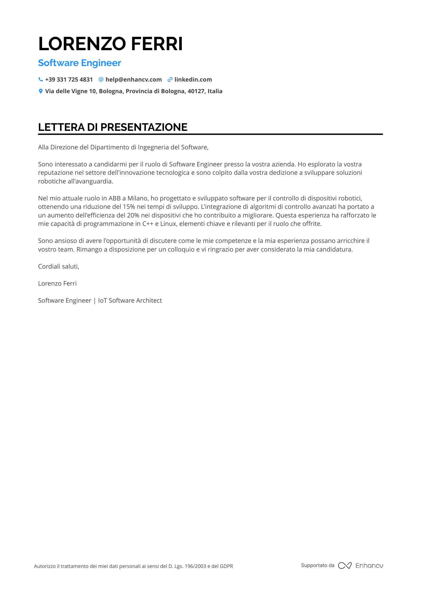 Ingegnere Informatico di Livello Entry Resume Example