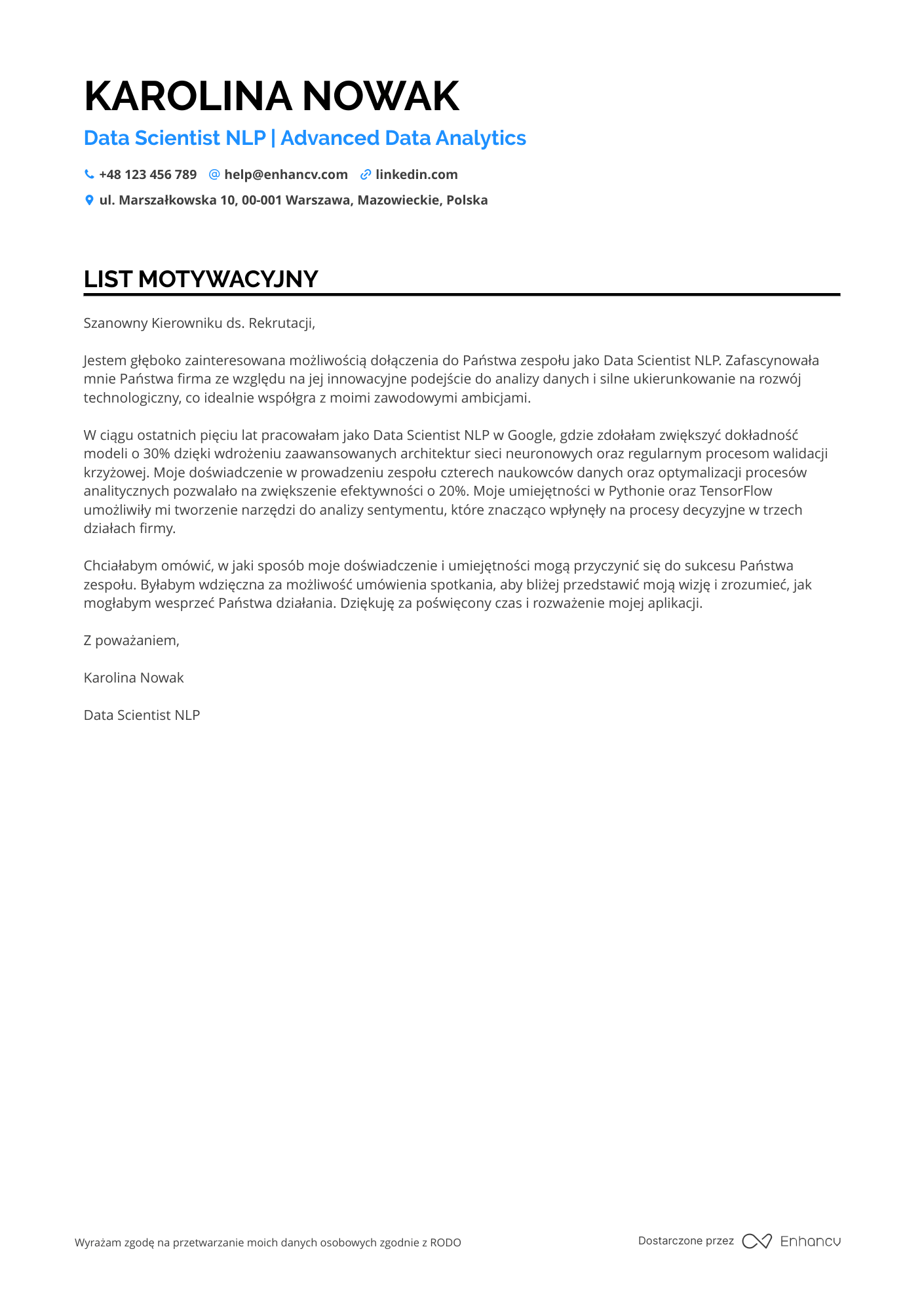 List motywacyjny dla NLP Data Scientist Resume Example