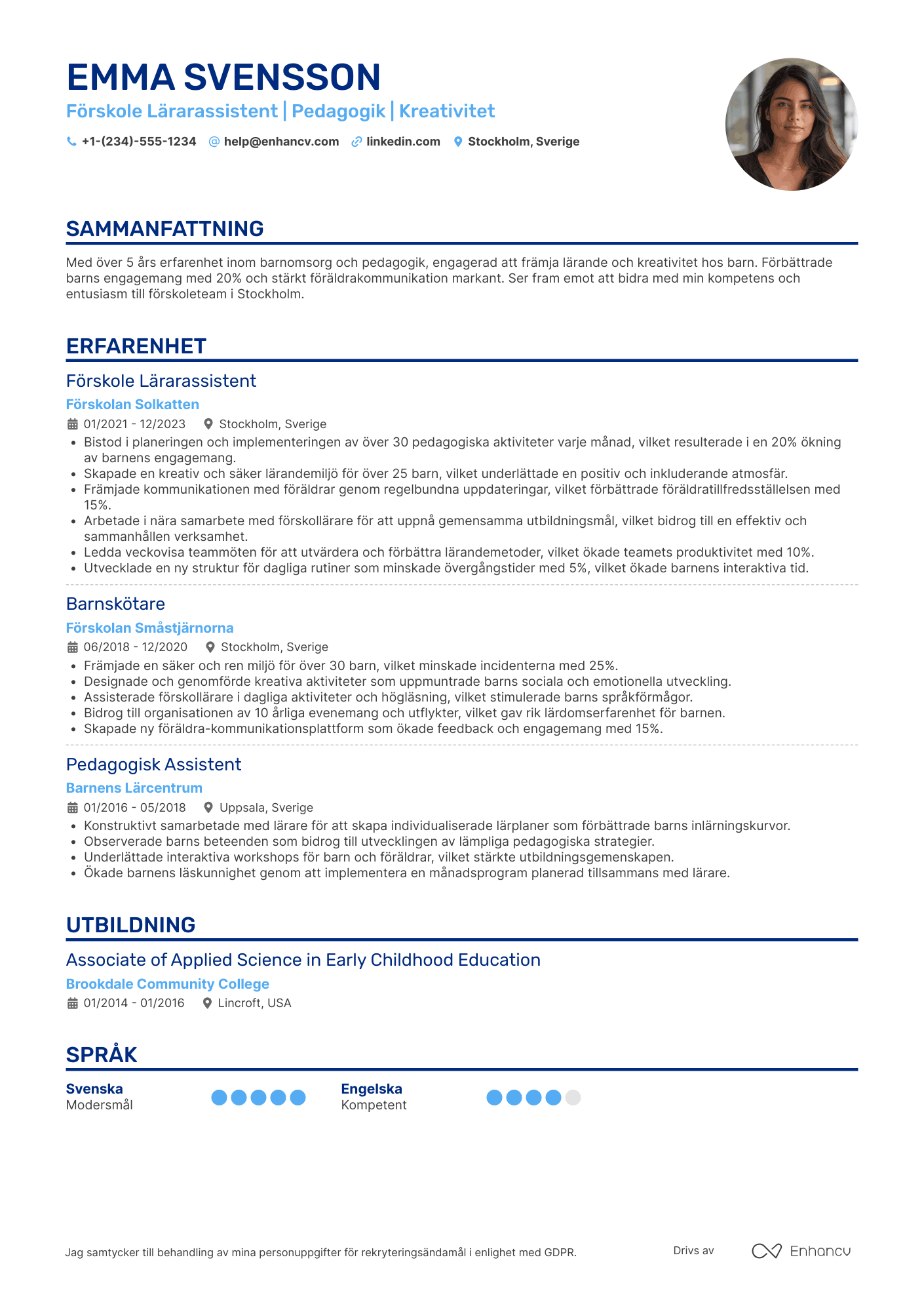 CV för Förskole Lärarassistent Resume Example