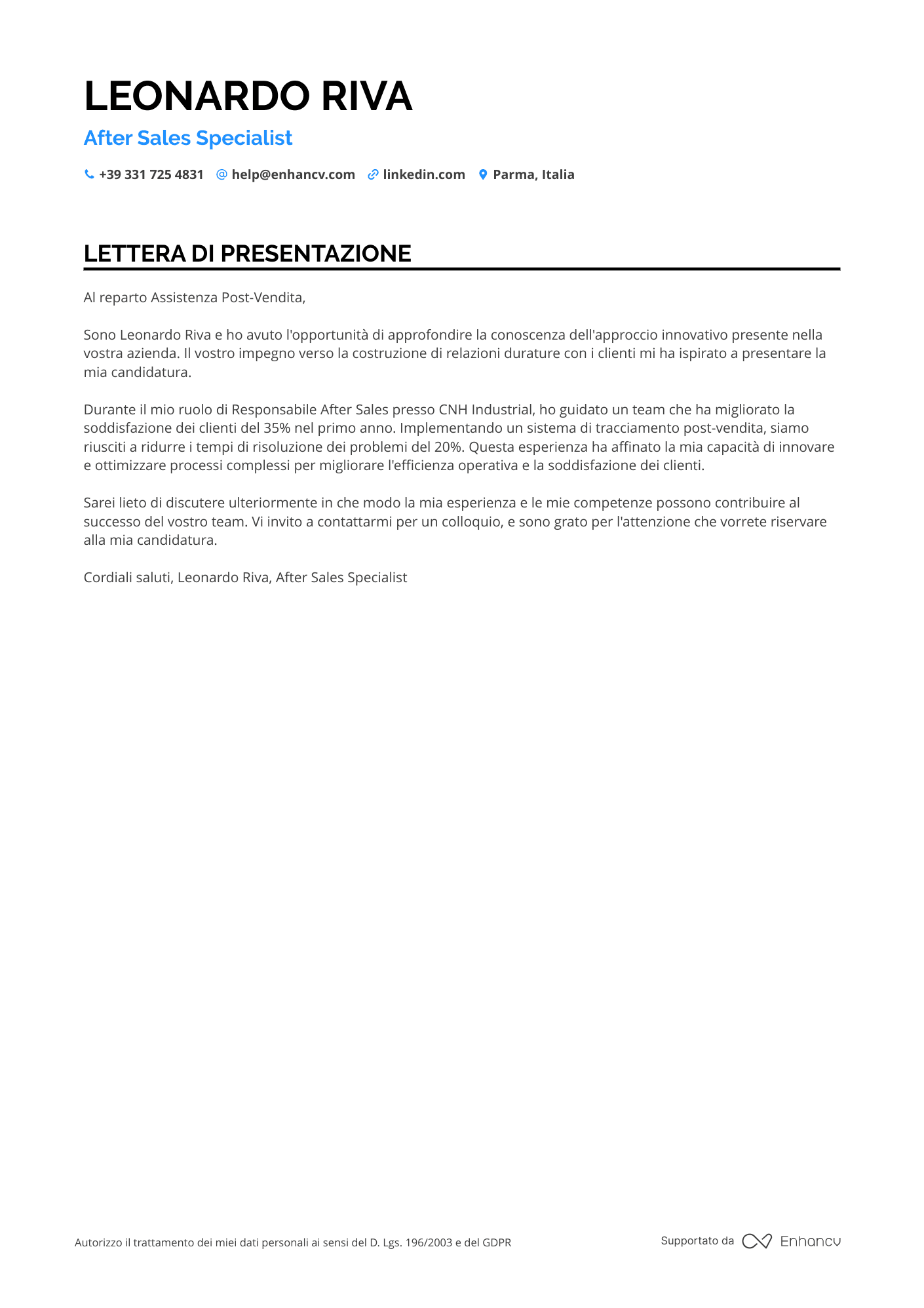 Meccanico di Macchine Agricole Resume Example