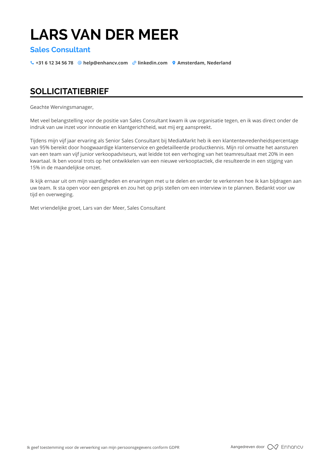 Sollicitatiebrief voor Sales consultant elektronica Resume Example